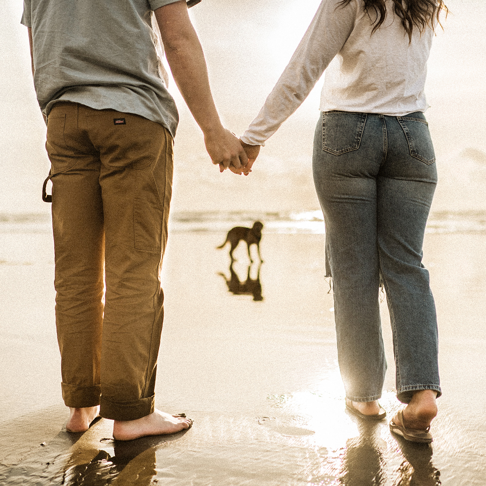 golden retriever stands in the distance at the beach while engaged couple holds hands