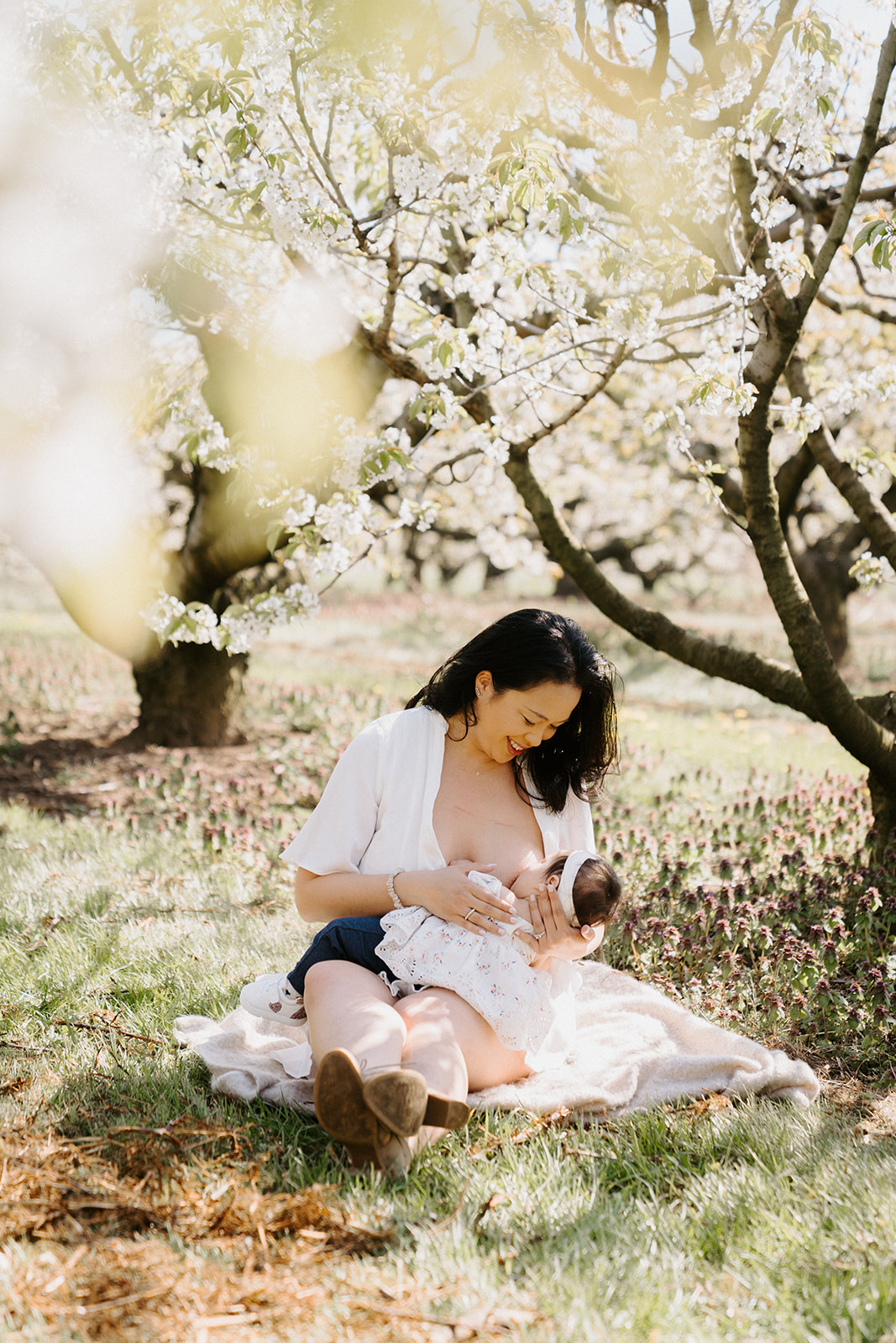 Mom sitting and nursing baby daughter underneath a cherry blossom tree.