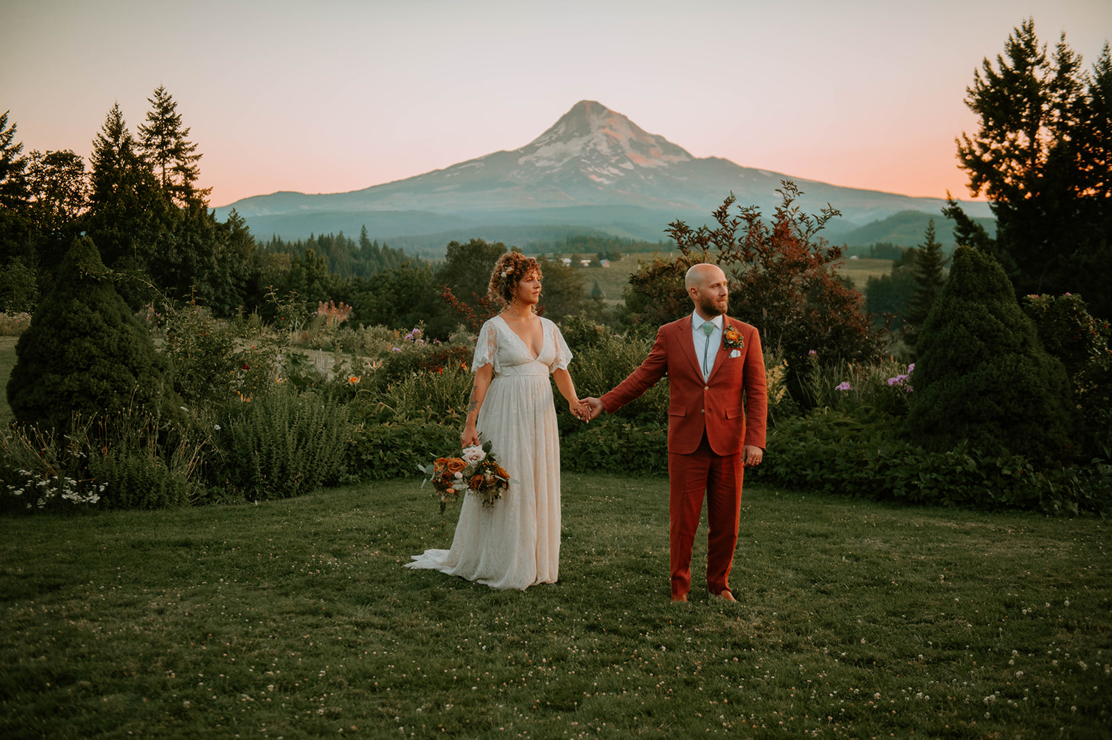 Bride and groom in front of Mt. Hood