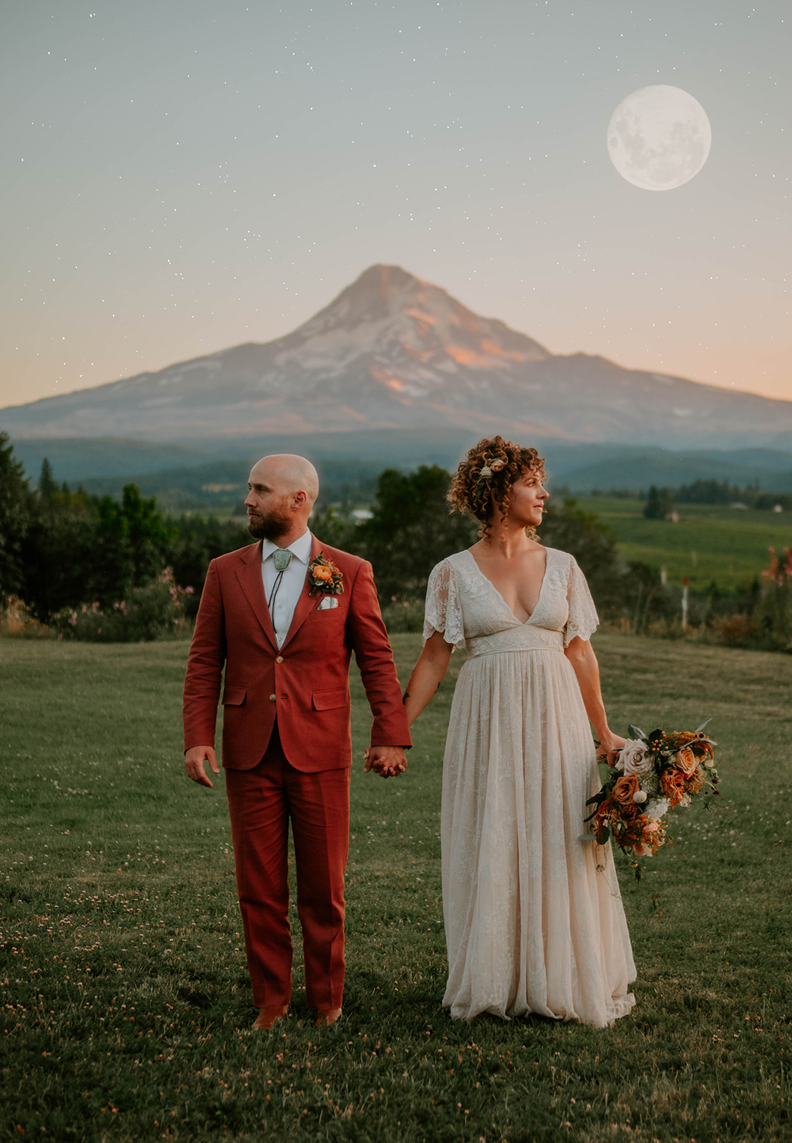 bride and groom with mt. hood and moon