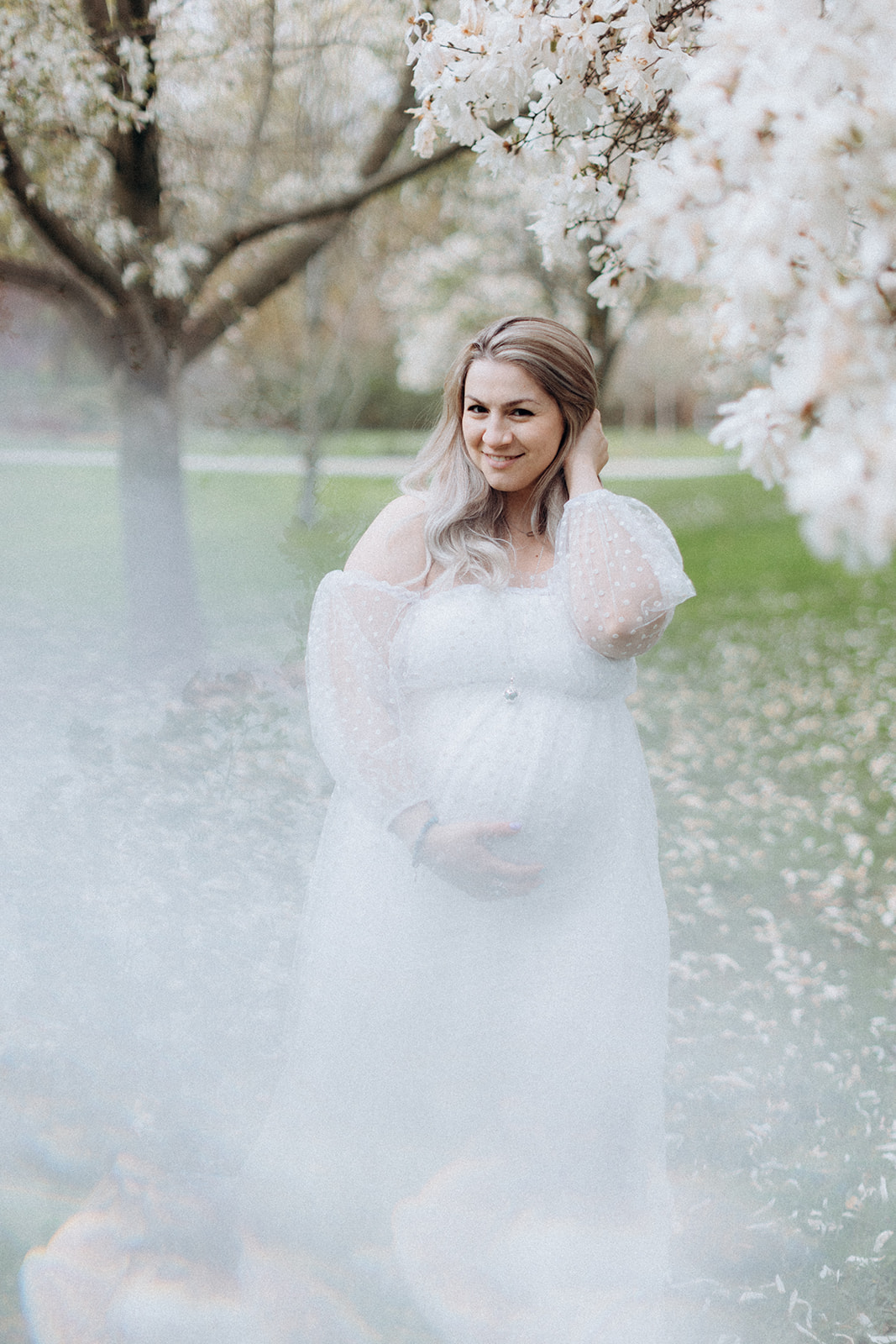 White magnolia blooming for maternity portrait session