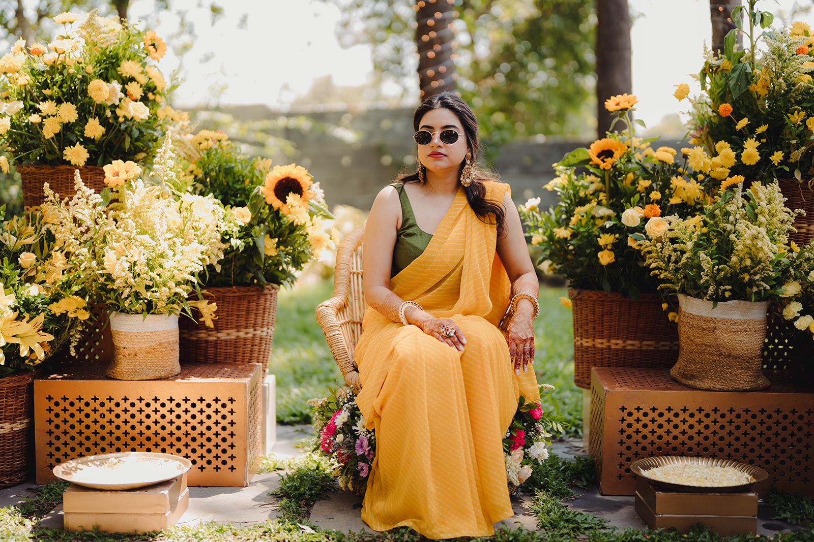Capturing the joy: Bride all set for her haldi ceremony in traditional clothing.