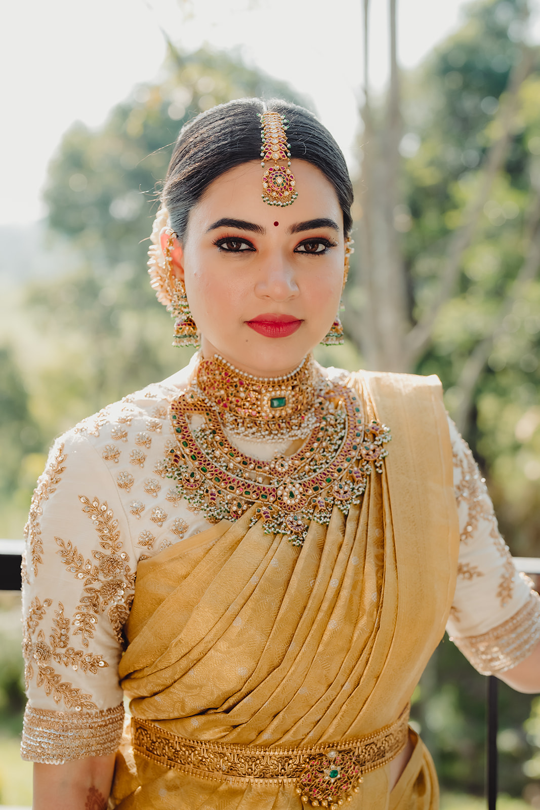 Bridal perfection: A captivating moment as the bride showcases her wedding attire with poise