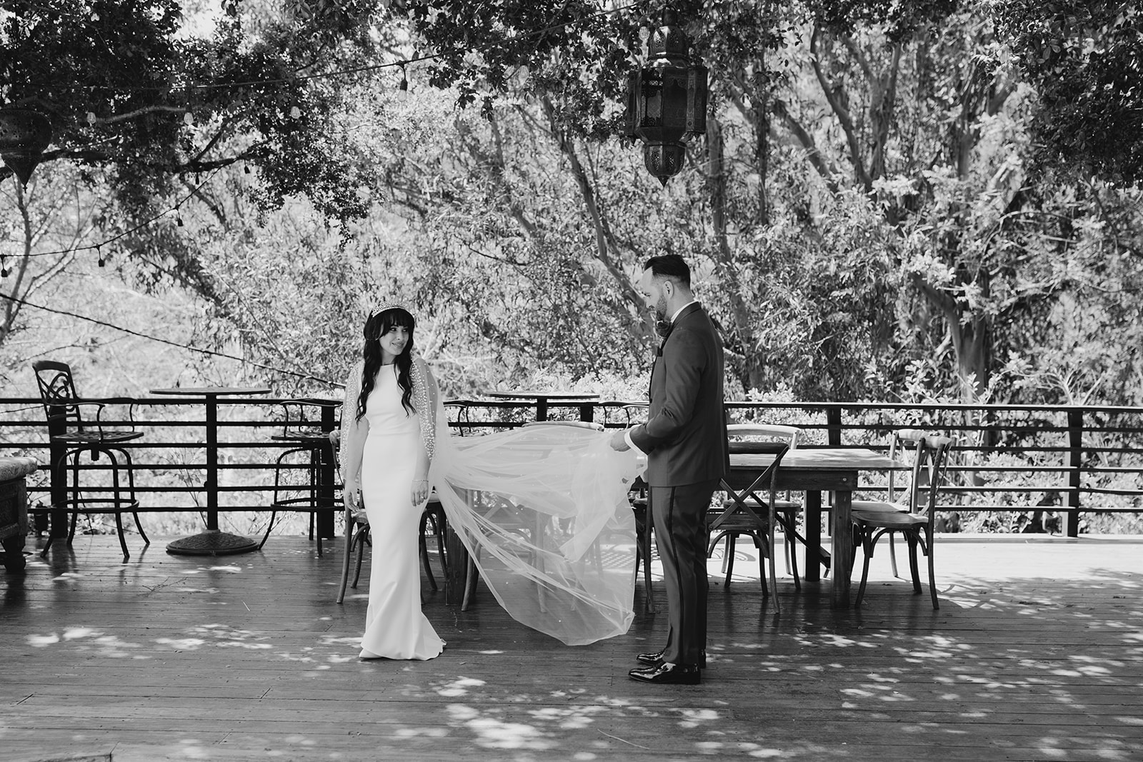 black and white photo of bride and groom at houdini estate