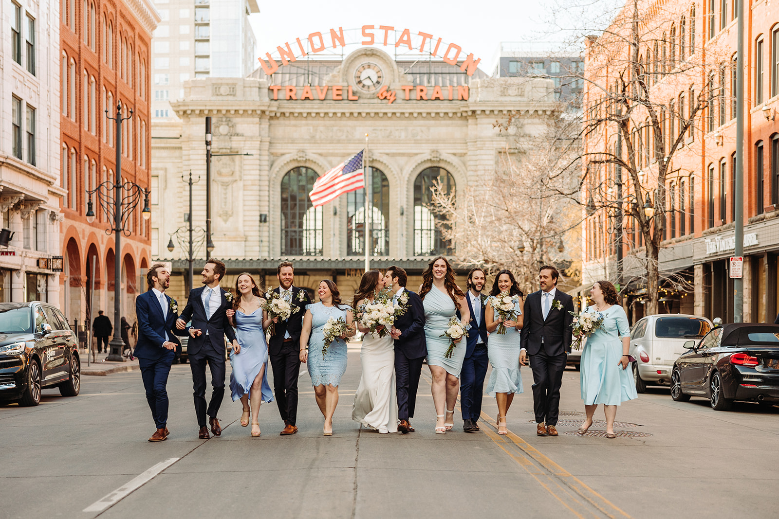 wedding party walking in front of Union station
