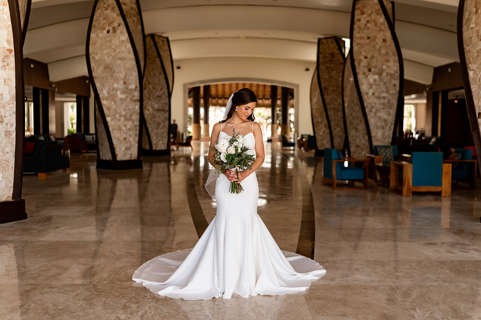hyatt ziva los cabos bridal portraits at wedding in resort lobby