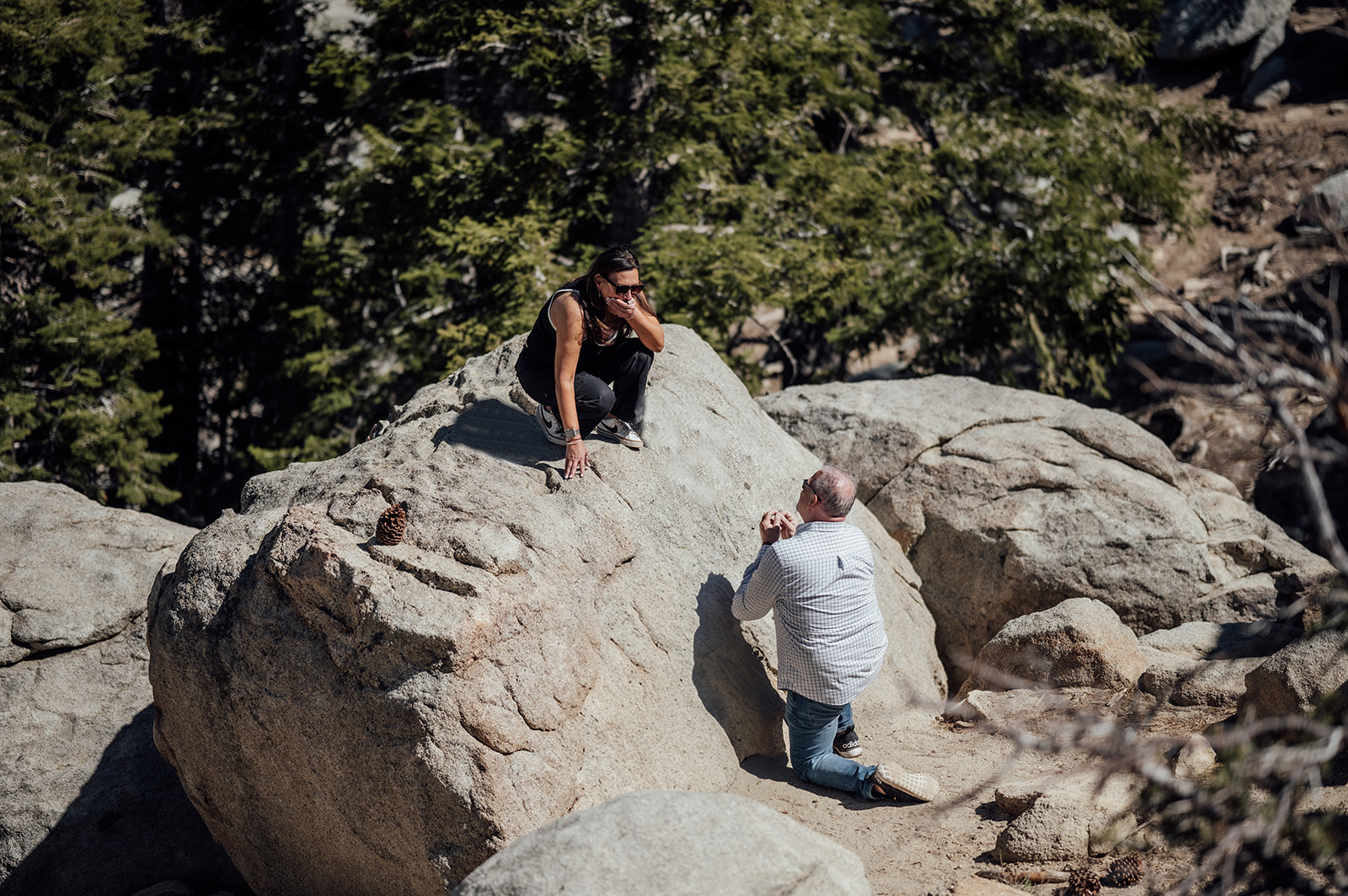 Man down on one knee proposing to a woman on Mount San Jacinto in California