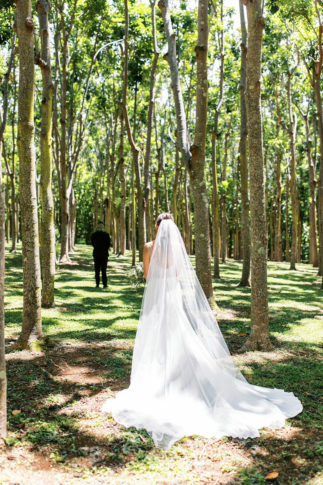 Bride approaching groom in a forest clearing captured by Oahu Wedding Photographer