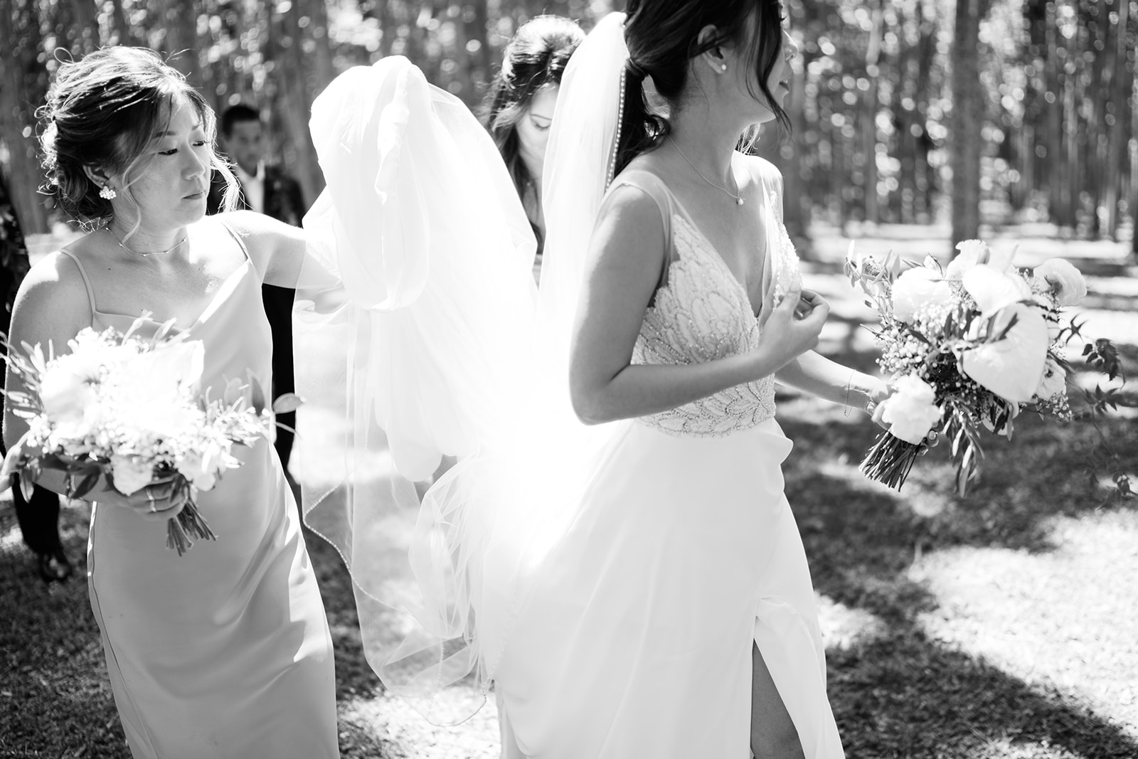 Bride with her veil caught by a gust of wind, accompanied by two bridesmaids holding bouquets, in a sunlit forest.