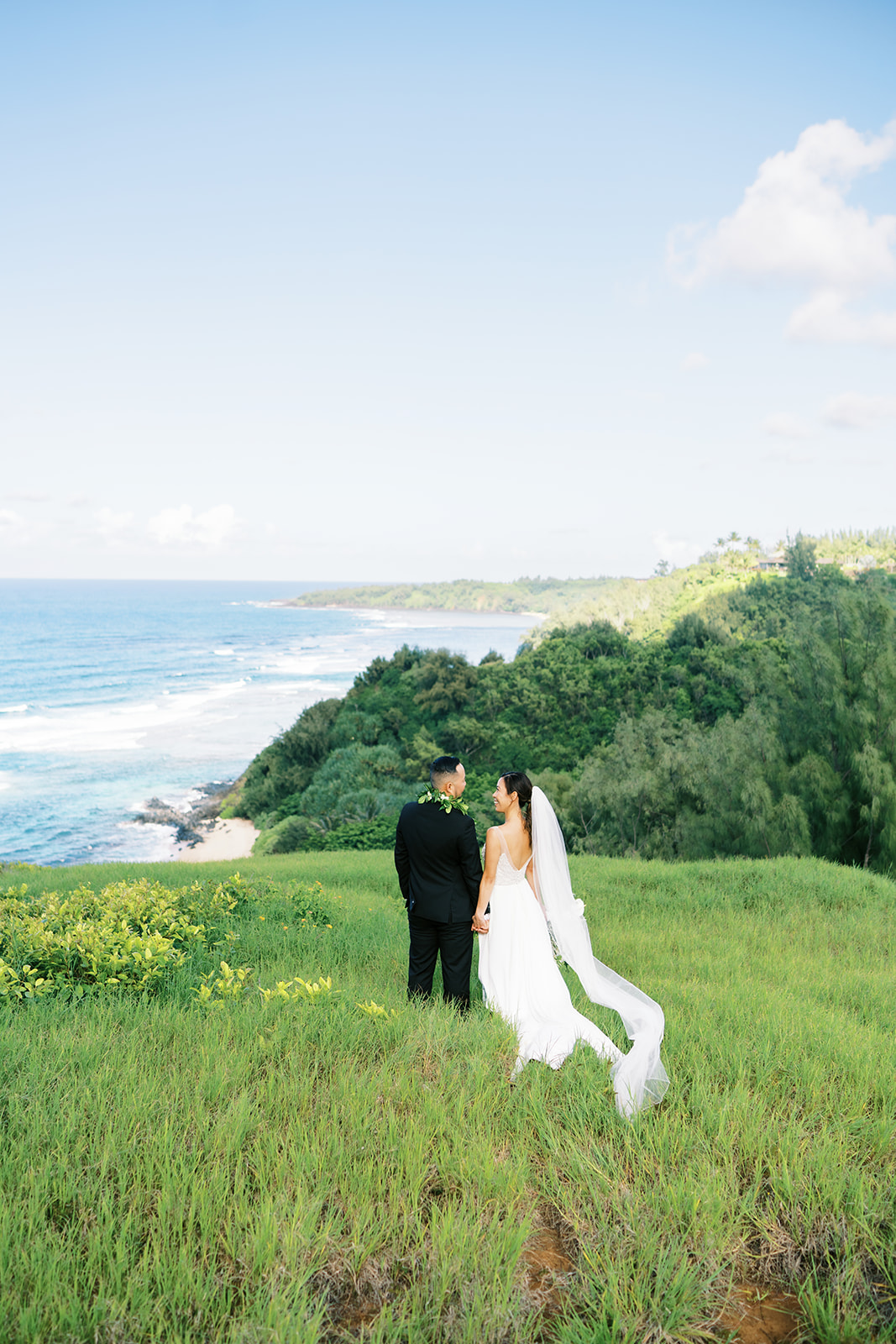 A couple holding hands on a grassy hill overlooking the ocean captured by Oahu Wedding Photographer