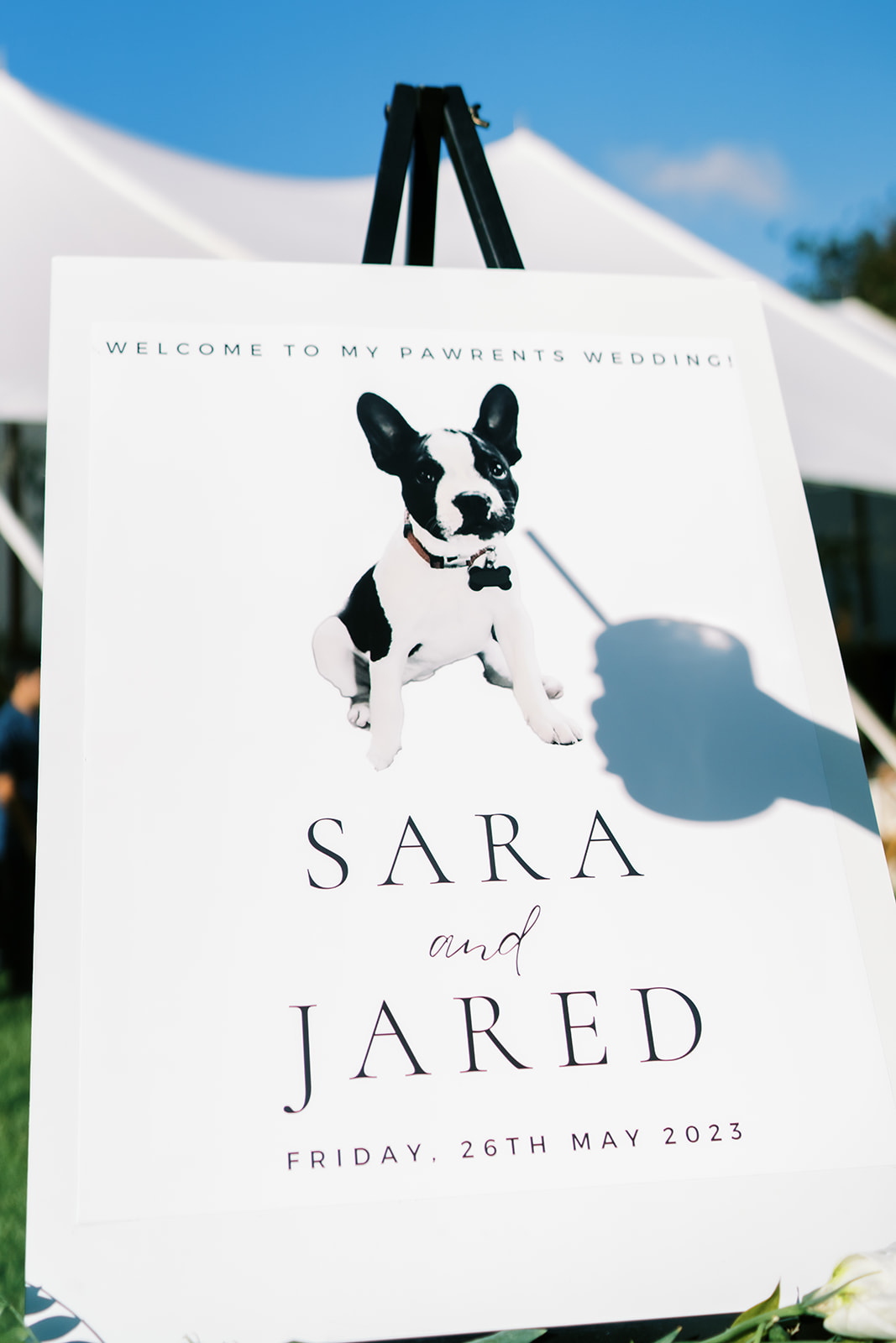 A wedding welcome sign featuring the names "sara and jared" with the date below and an illustration of a boston terrier