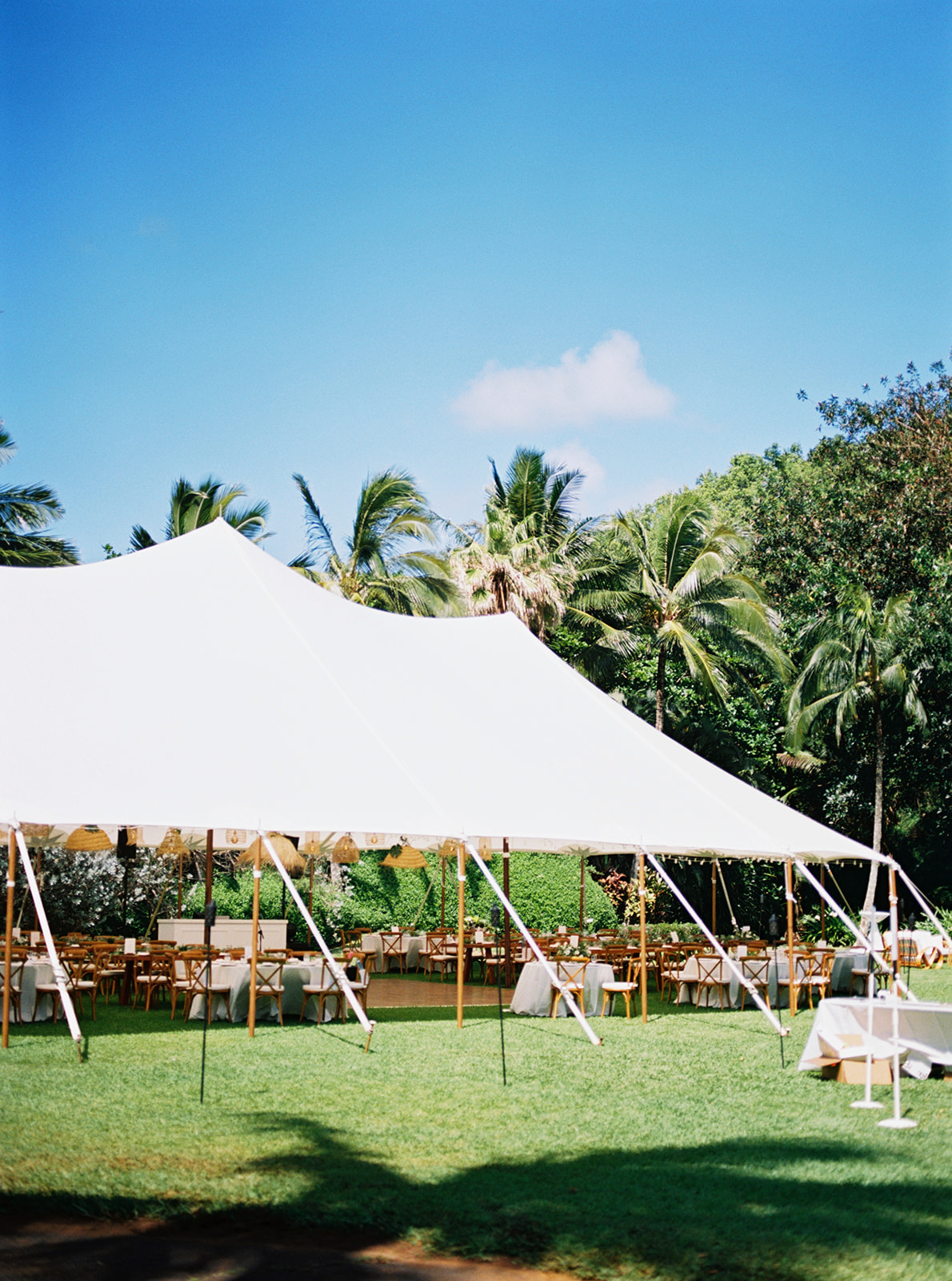 White event tent set up on a lawn with tables and chairs arranged for a gathering, palm trees in the background.