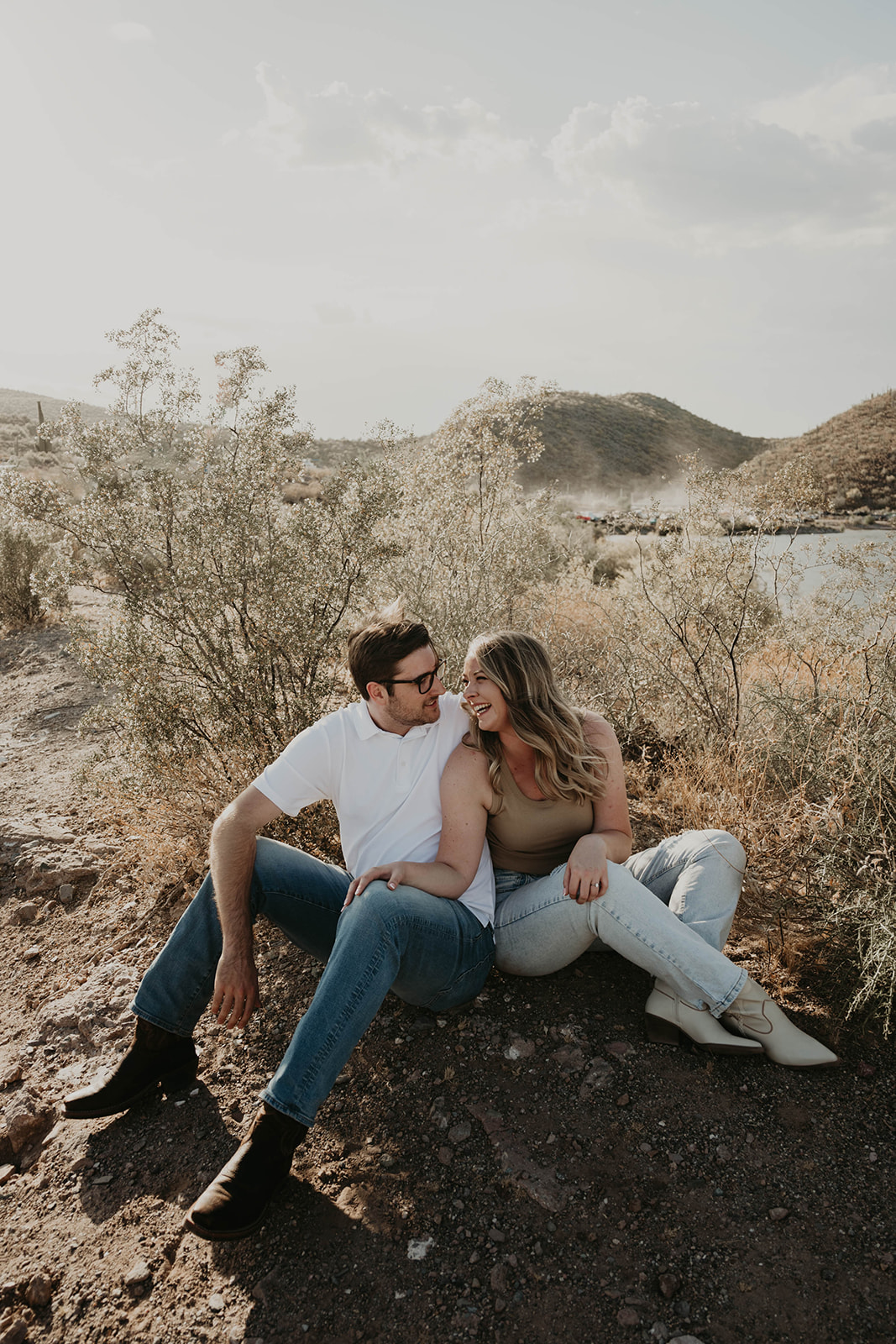 desert couple at river park for documentary engagement Arizona session