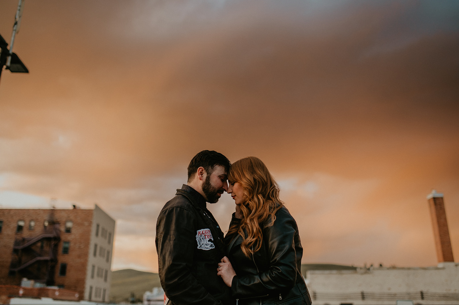 Missoula Montana rooftop engagement photos, wedding photographer, Katy Shay Photo, edgy and romantic couple, golden Hour