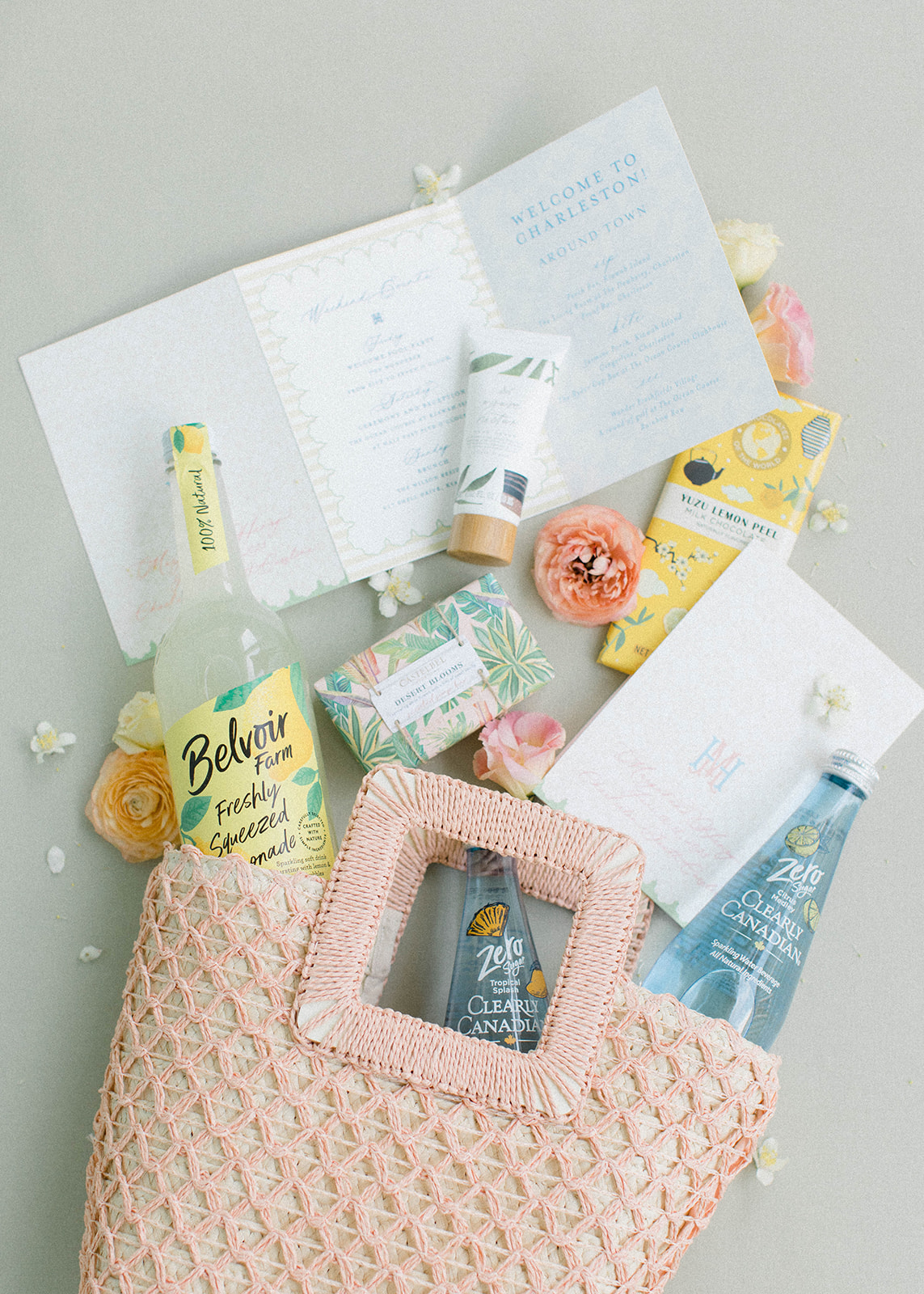 Welcome bag and gifts for destination wedding day in Charleston