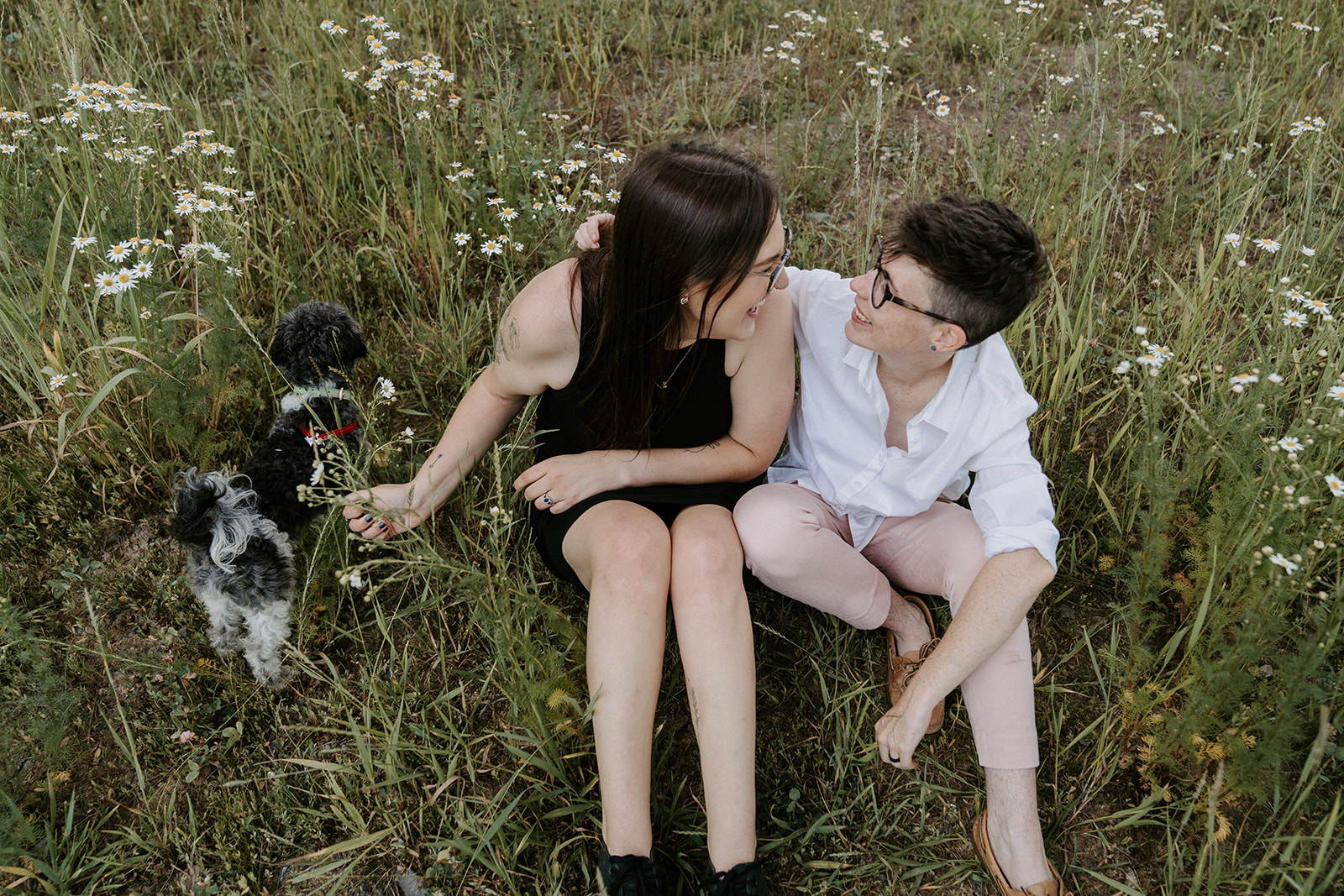 Two people sitting on the grass smiling at each other with the dog on the left.