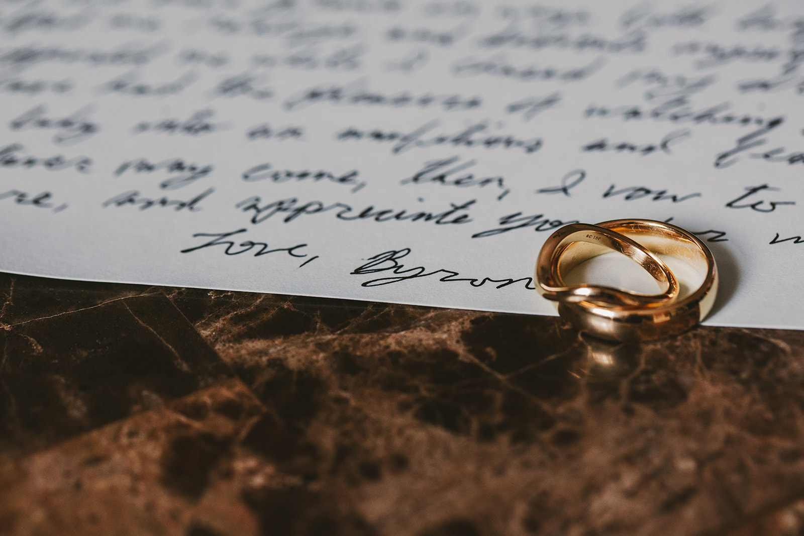 The wedding ring on the piece of paper the groom wrote his vows on that afternoon.