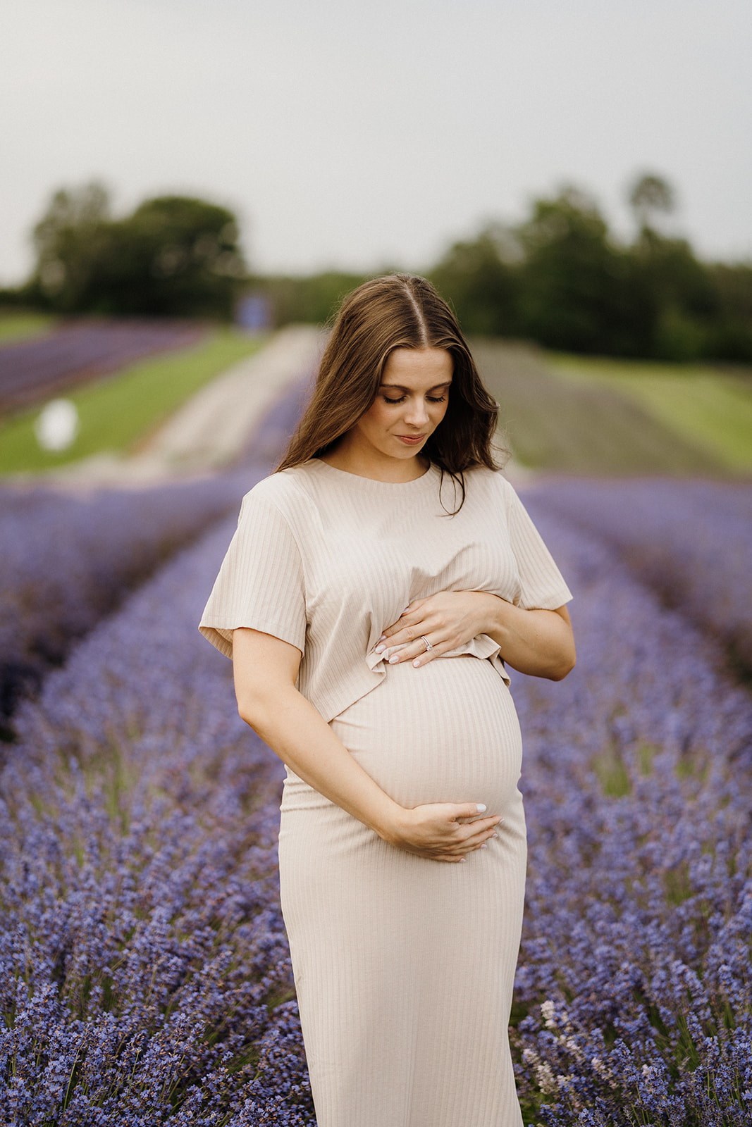 Woman stands between the lavender while looking down and resting her hands on both top and bottom of her stomach.