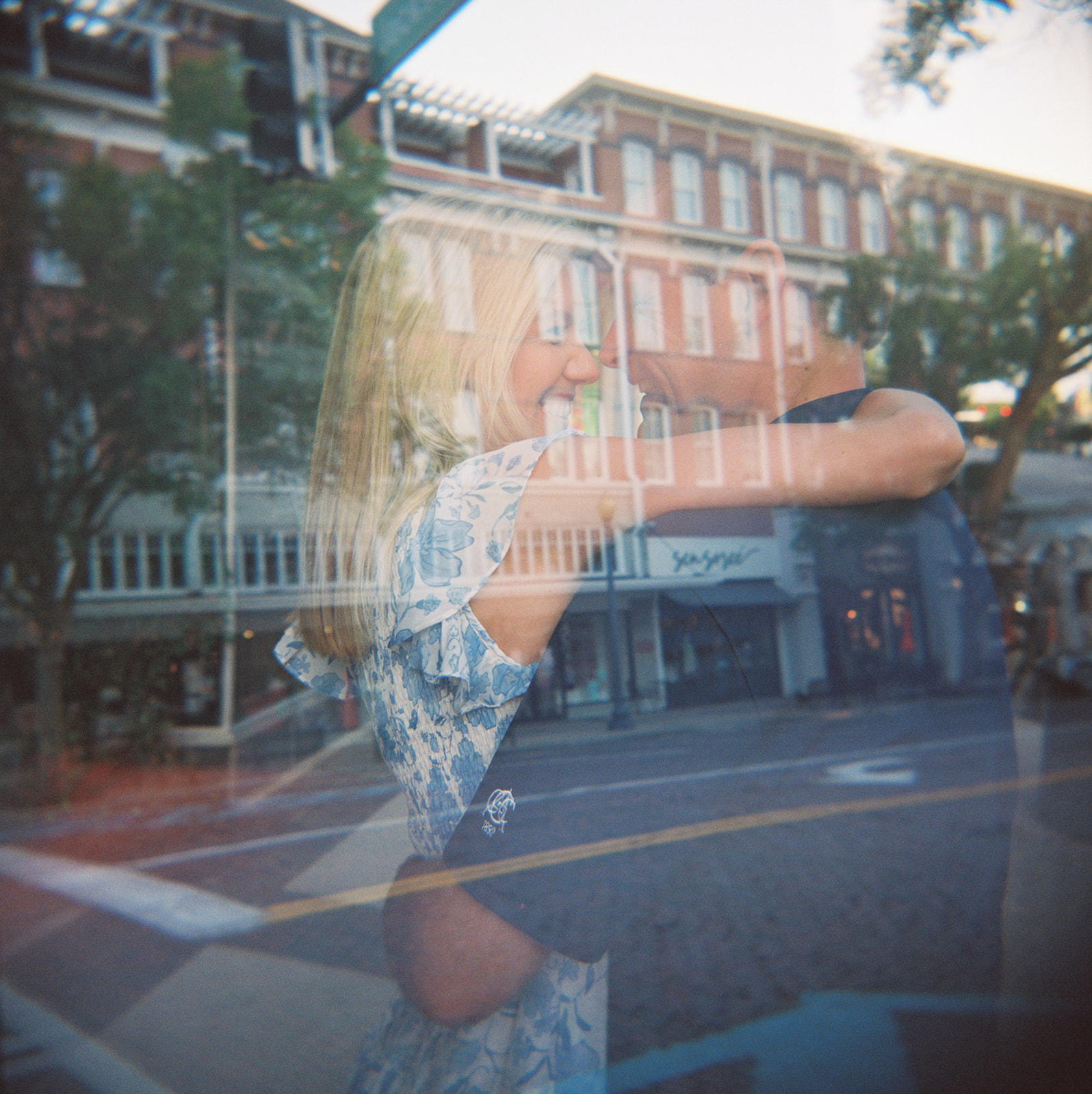 Engagement Session couple in downtown Thomasville, GA using Holga120 camera. Double Exposure