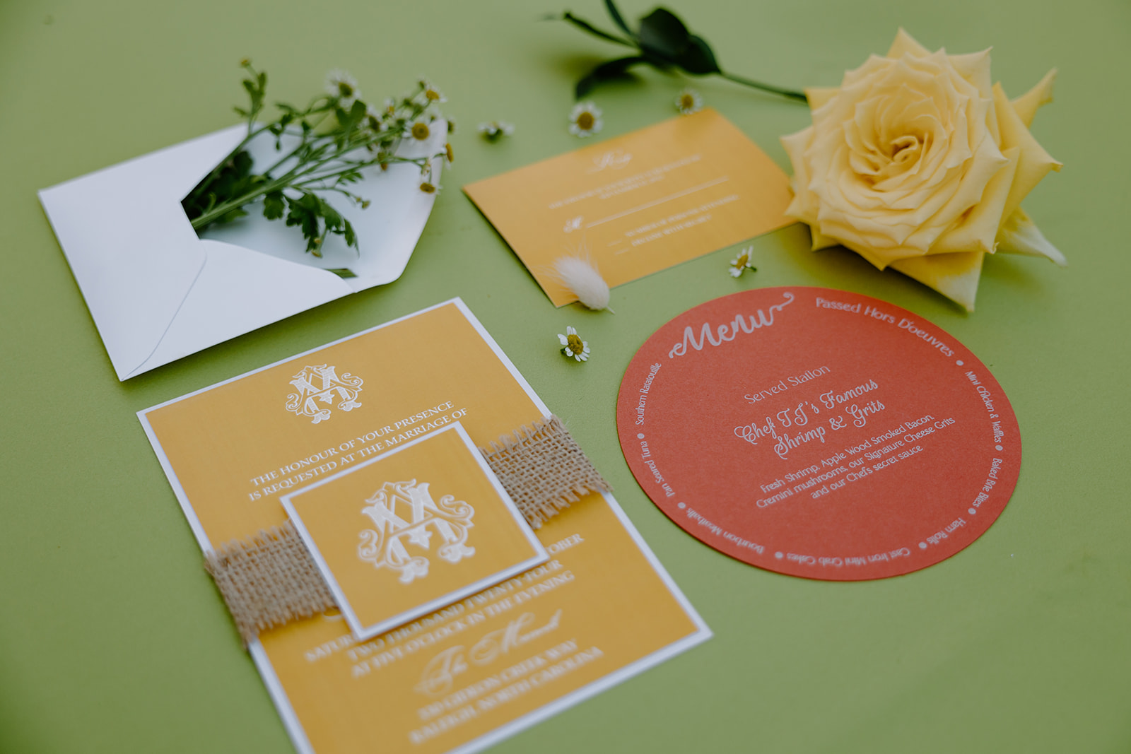 Summer wedding invitation suite captured by Raleigh wedding photographers