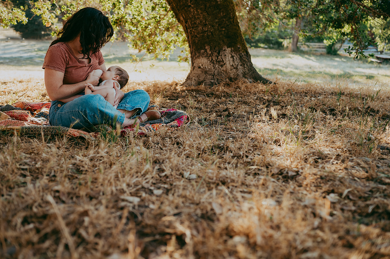 Mother and baby breastfeeding in outdoor photo session in Petaluma, California, by Sunshine Lady Photography. 