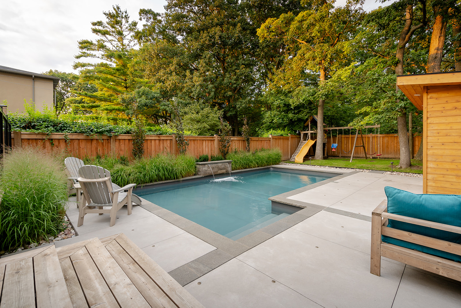 An inground pool in the backyard.