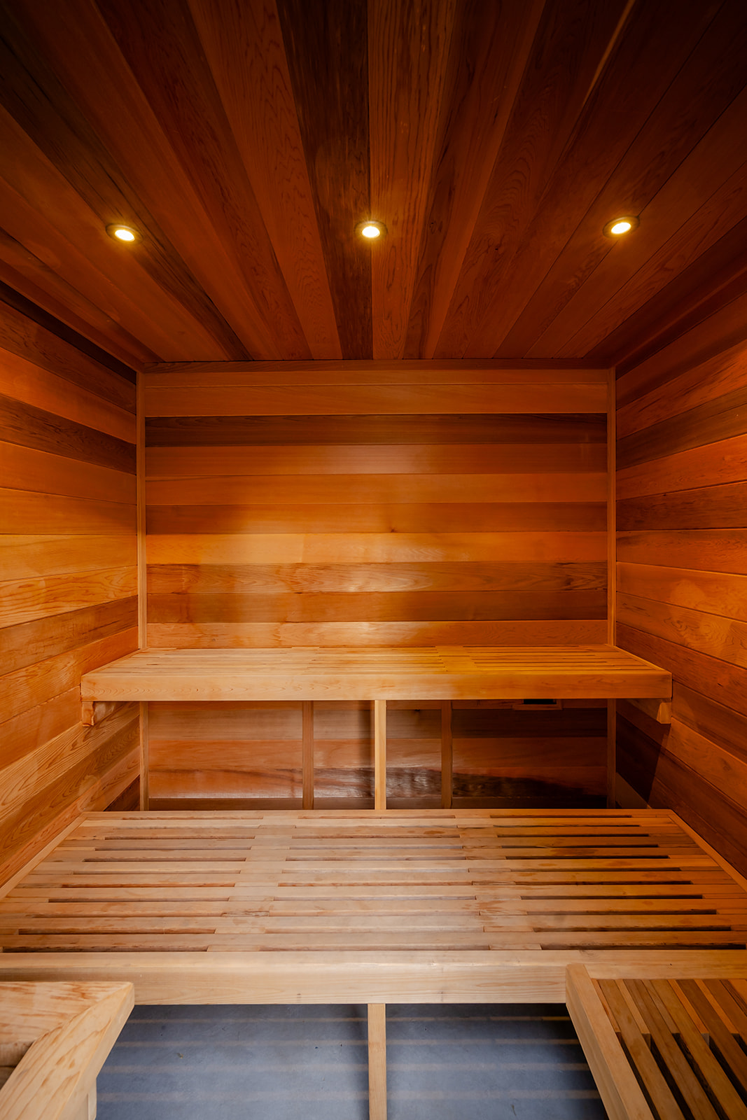 Wooden benches built in the sauna.