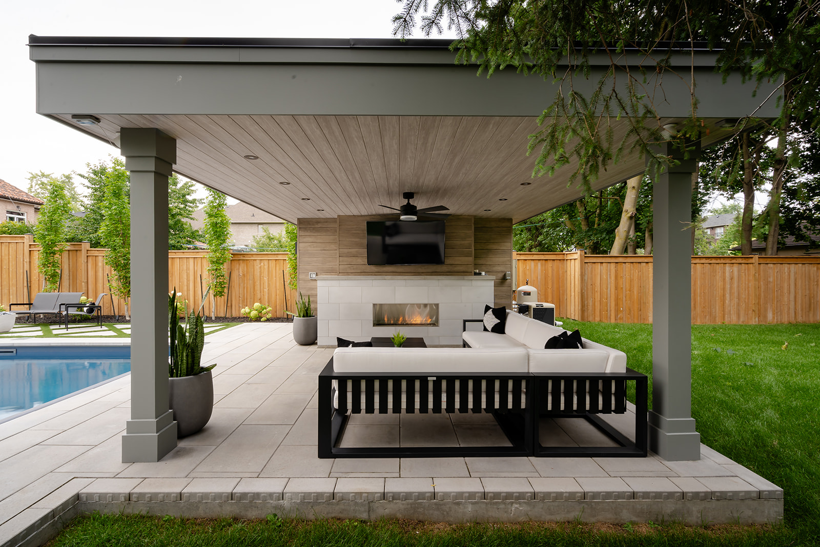A seating area underneath an awning.