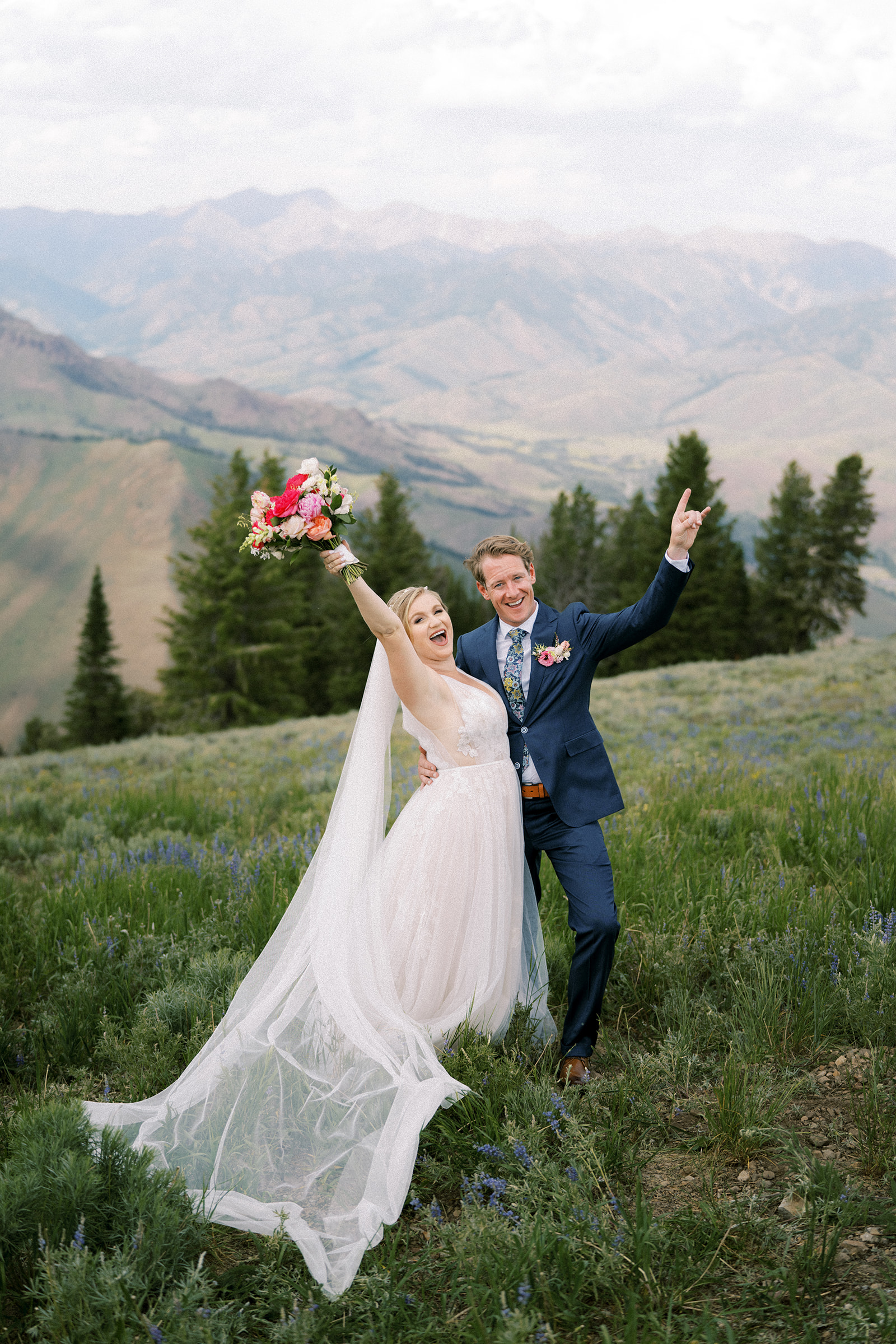 Bride and groom at the top of Bald Mountain in Sun Valley, Idaho