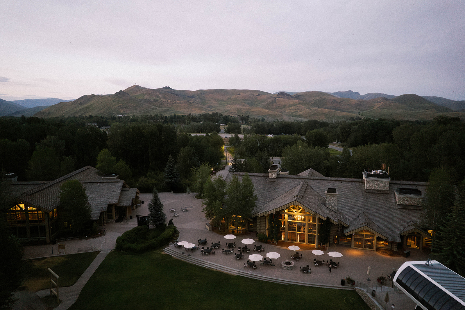 A drone image of River Run Day Lodge in Sun Valley, Idaho