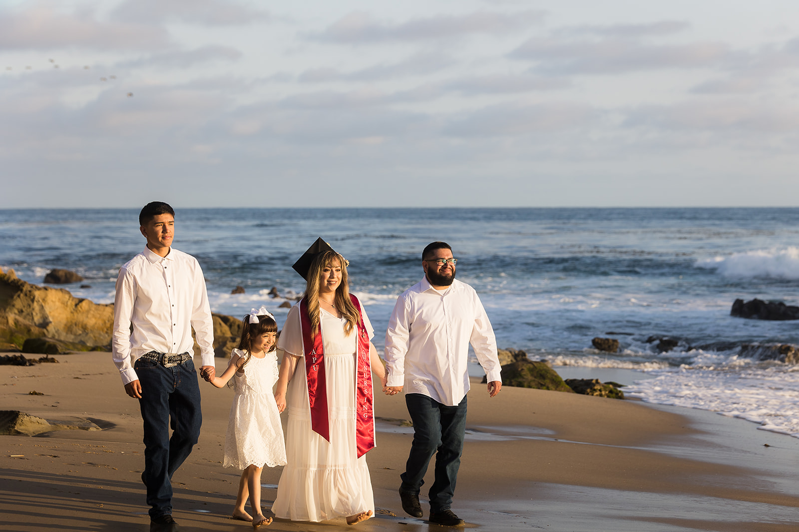 family walking along the beach 