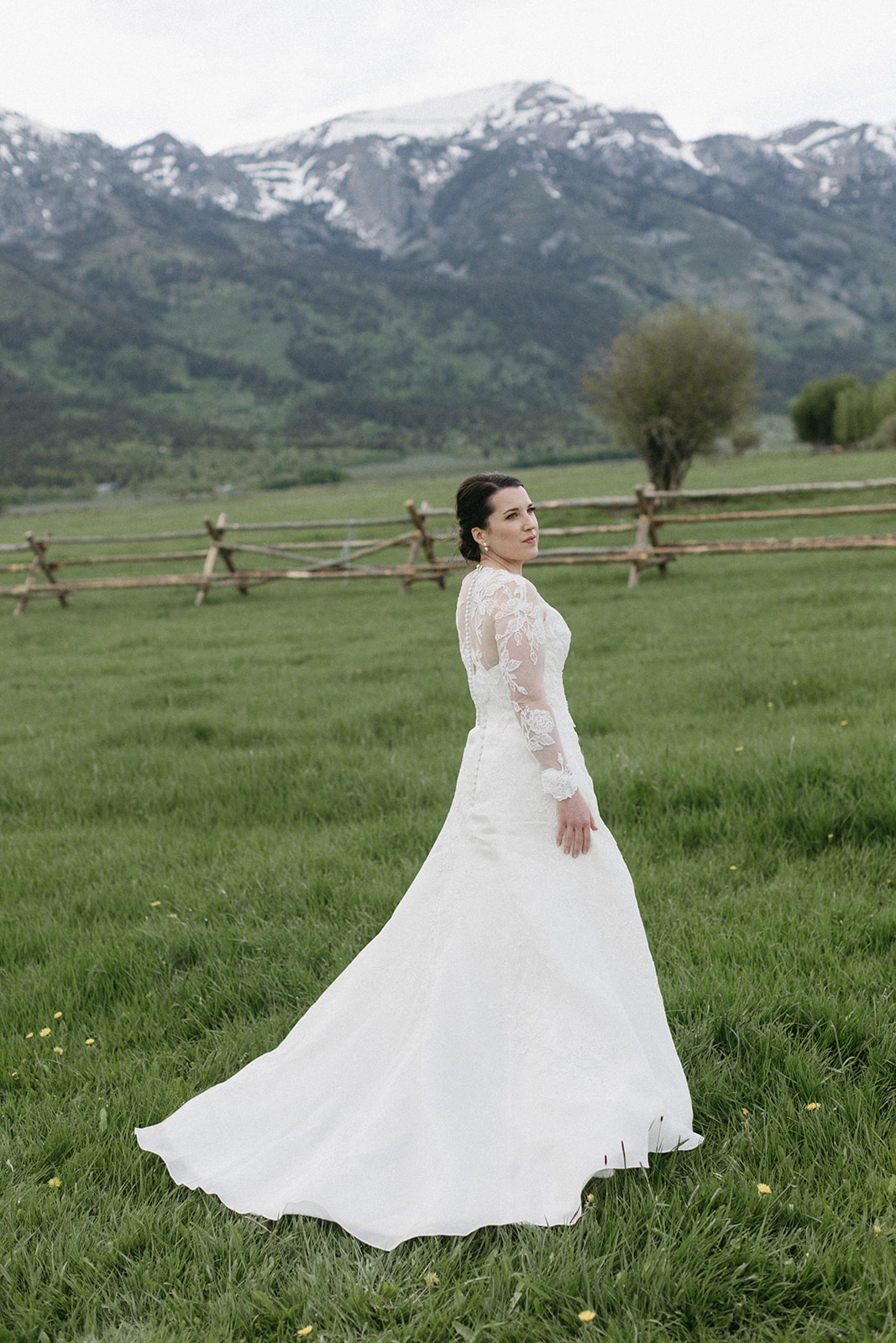 An elegant wedding portrait of a bride in a long-sleeve, lace wedding gown from Bella Bianca Bridal Couture. 