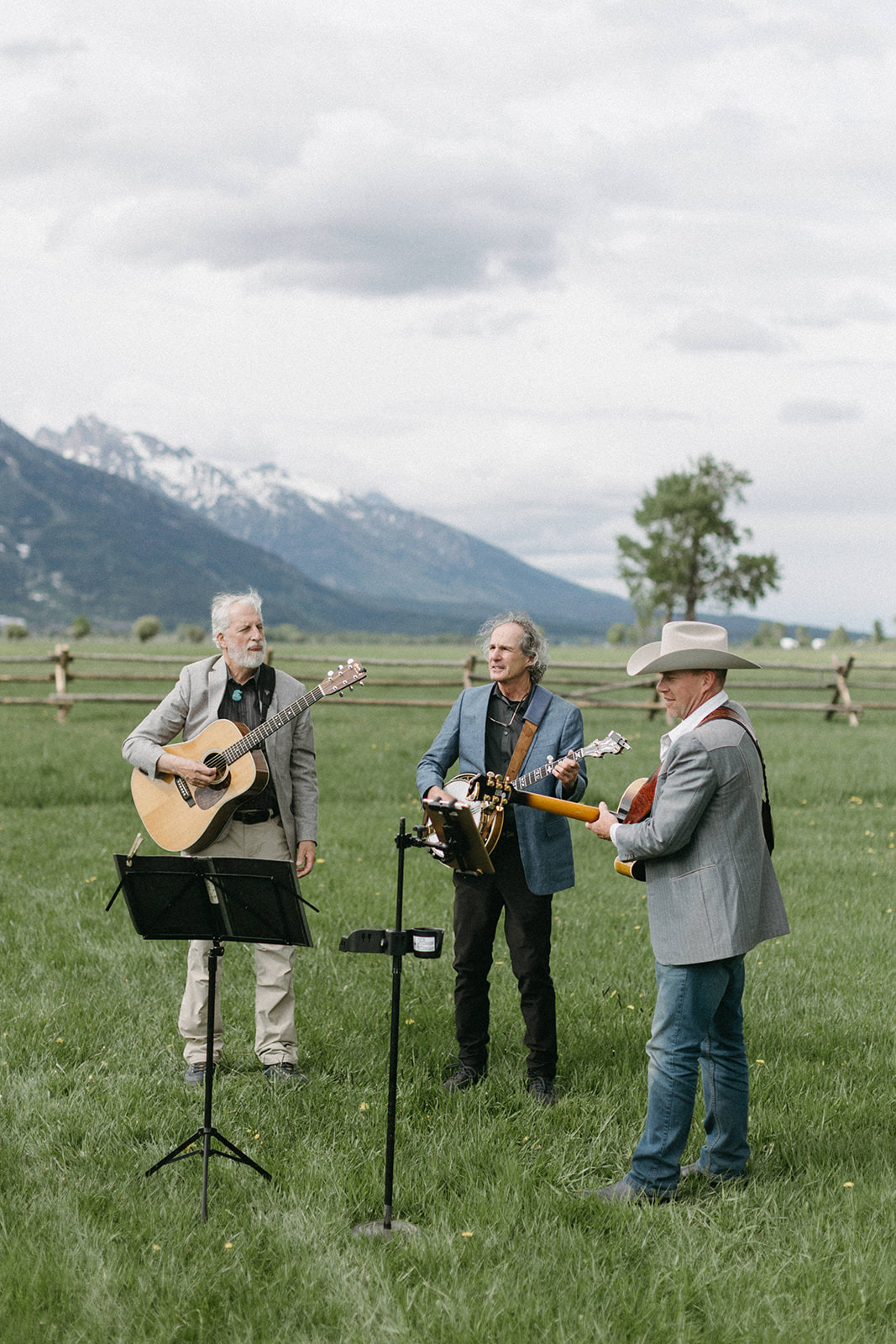 A Wyoming wedding reception band plays at a Snake River Ranch. 
