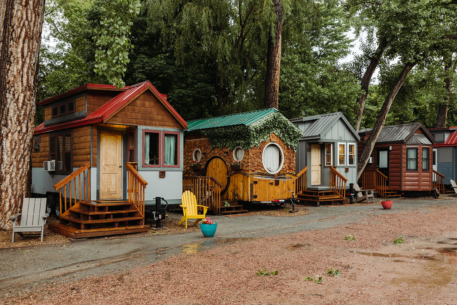 The tiny house resort, WeeCasa, located on the River Bend property. Pictured is a row of uniquely designed tiny homes.