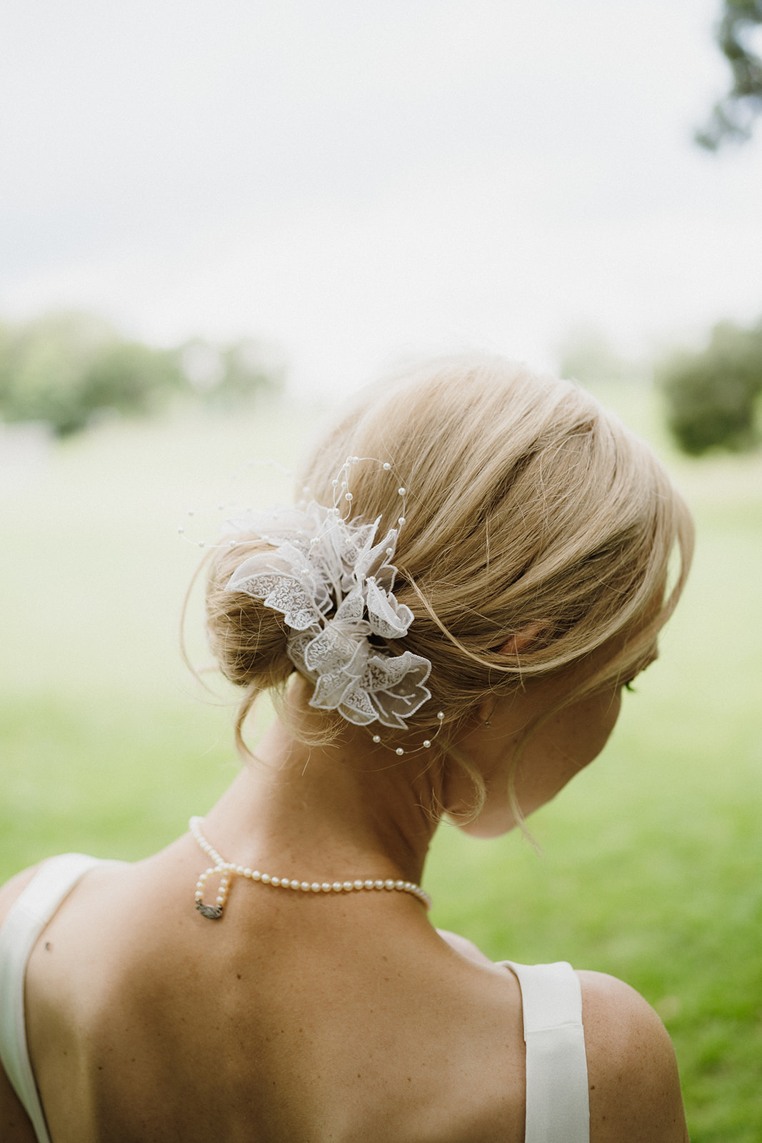Flowers in brides hair.