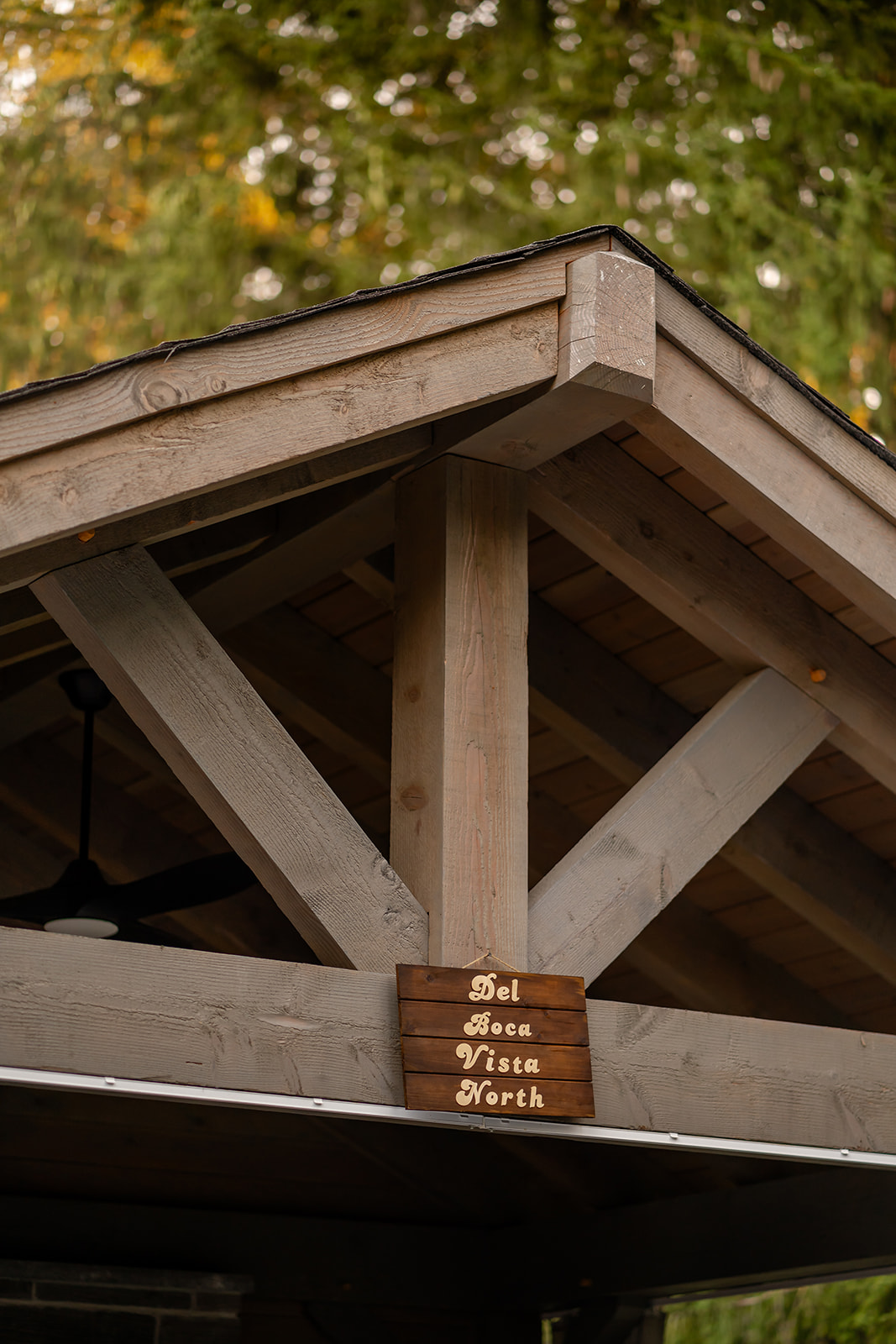 Three wooden pieces attached to the roof of the gazebo.