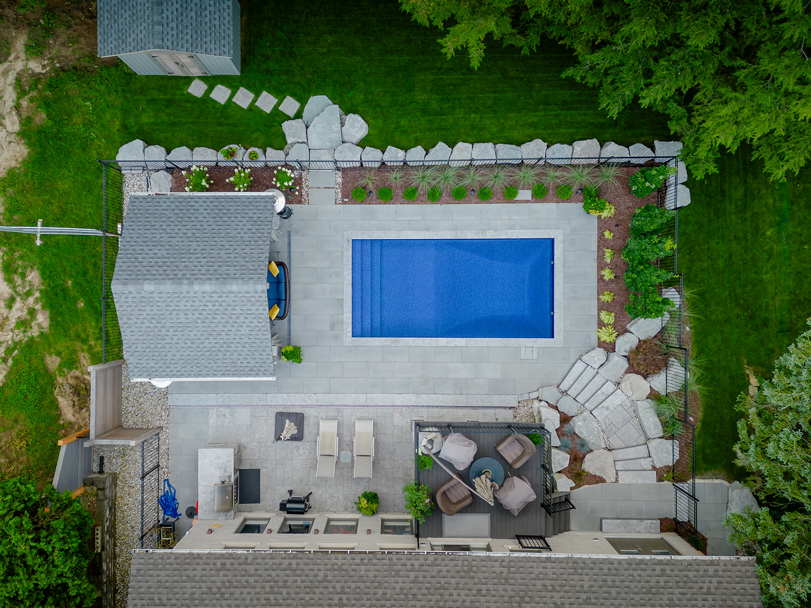 A top-down view of an inground pool.