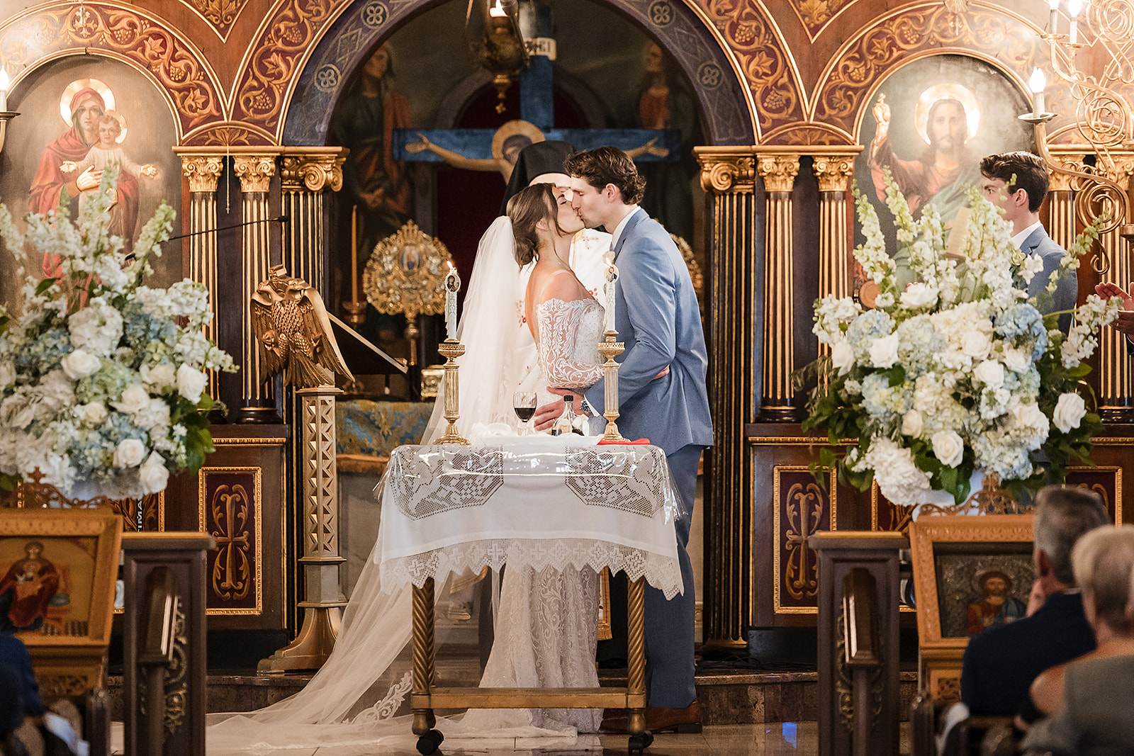 St. George Greek Orthodox Cathedral wedding ceremony photo of the bride and groom first kiss