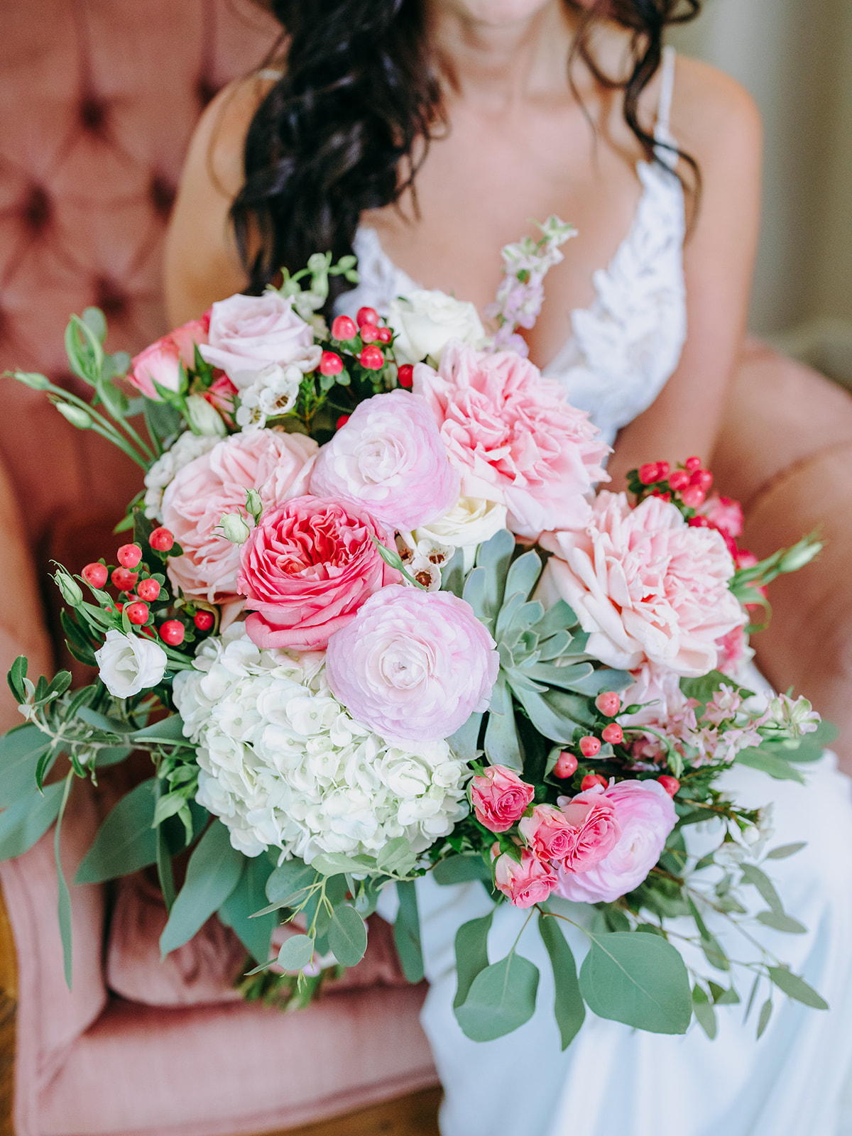 bride with pink bouquet at the silk mill 