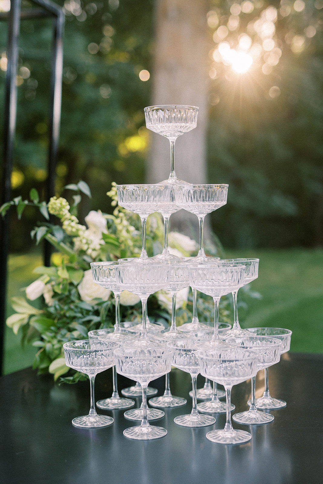 champagne tower at Cottage at Riverbend wedding