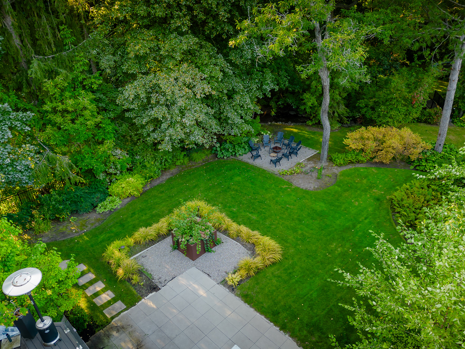 A drone-shot of the backyard.