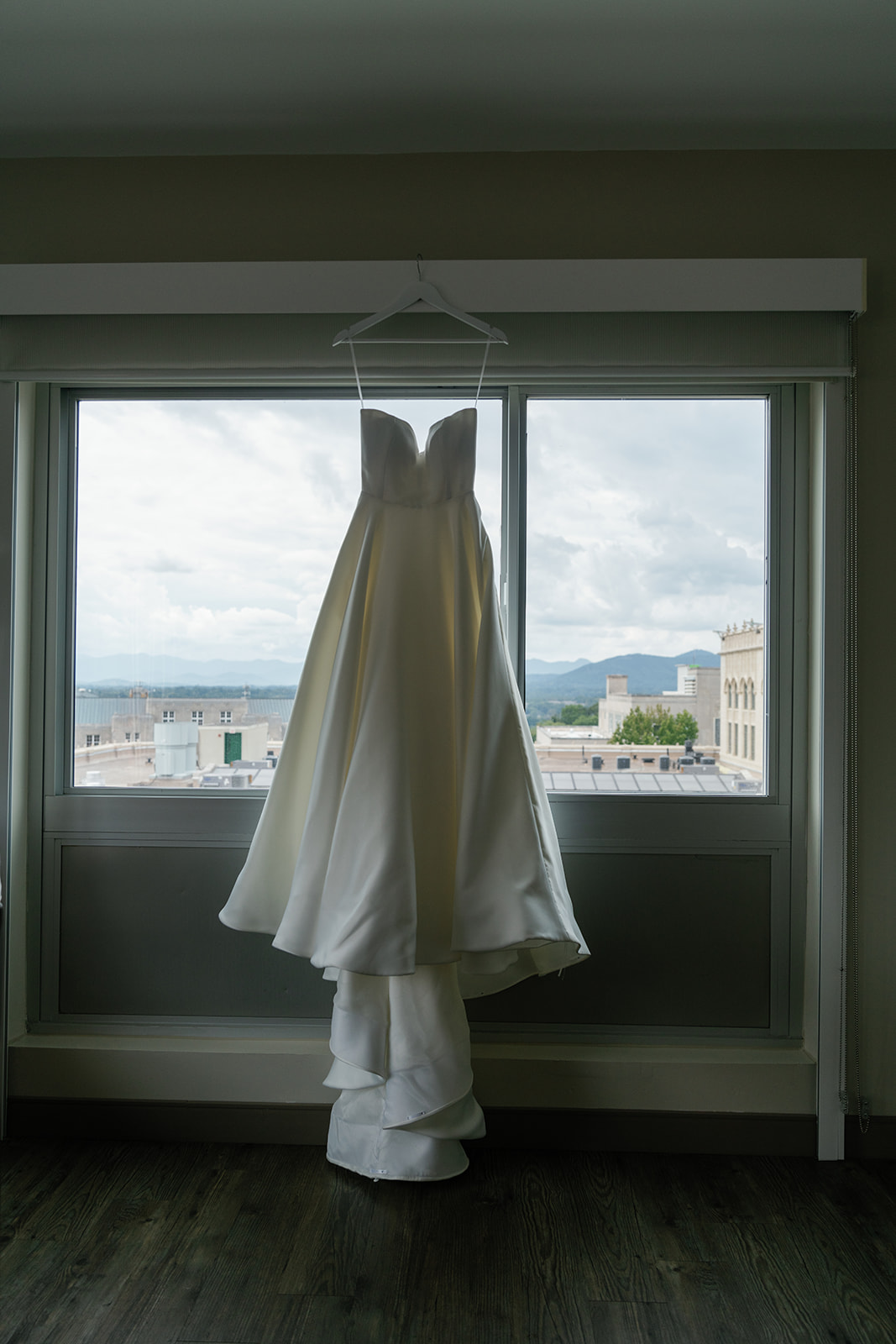 Cambria Hotel wedding dress with Asheville City in background