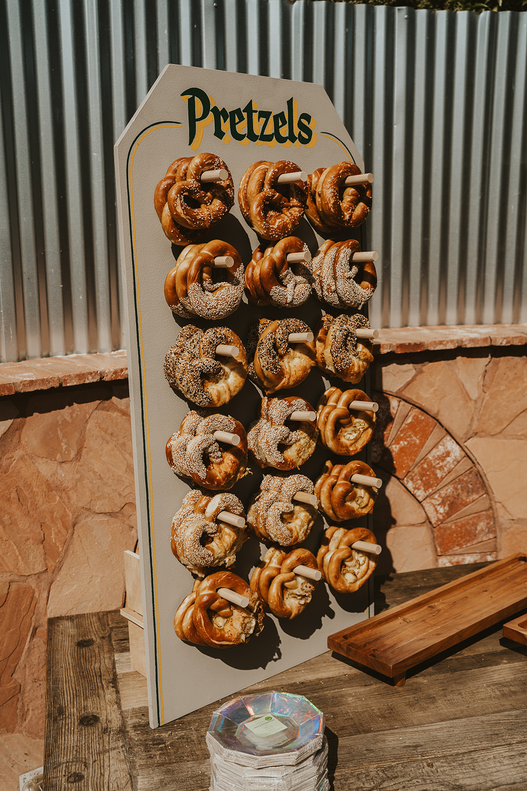 Pretzel bar by Wingen Bakery at wedding in Livermore, California wine counry