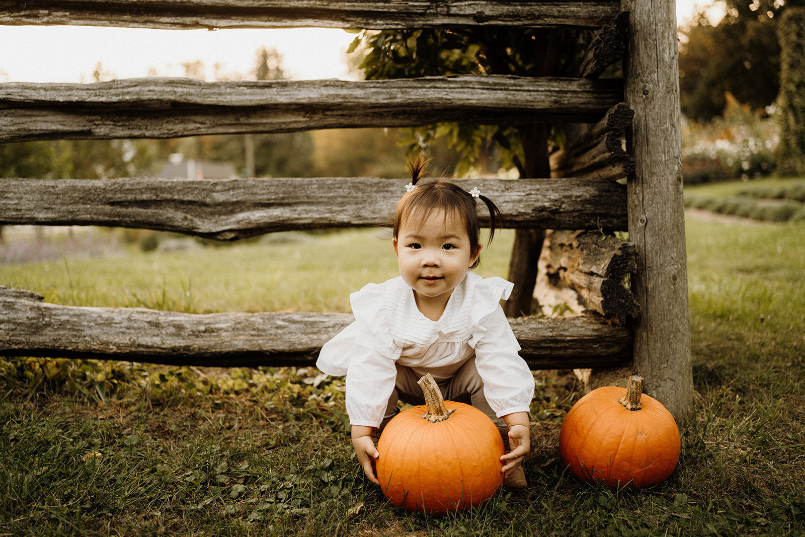 Child holding a pumpkin on the ground.