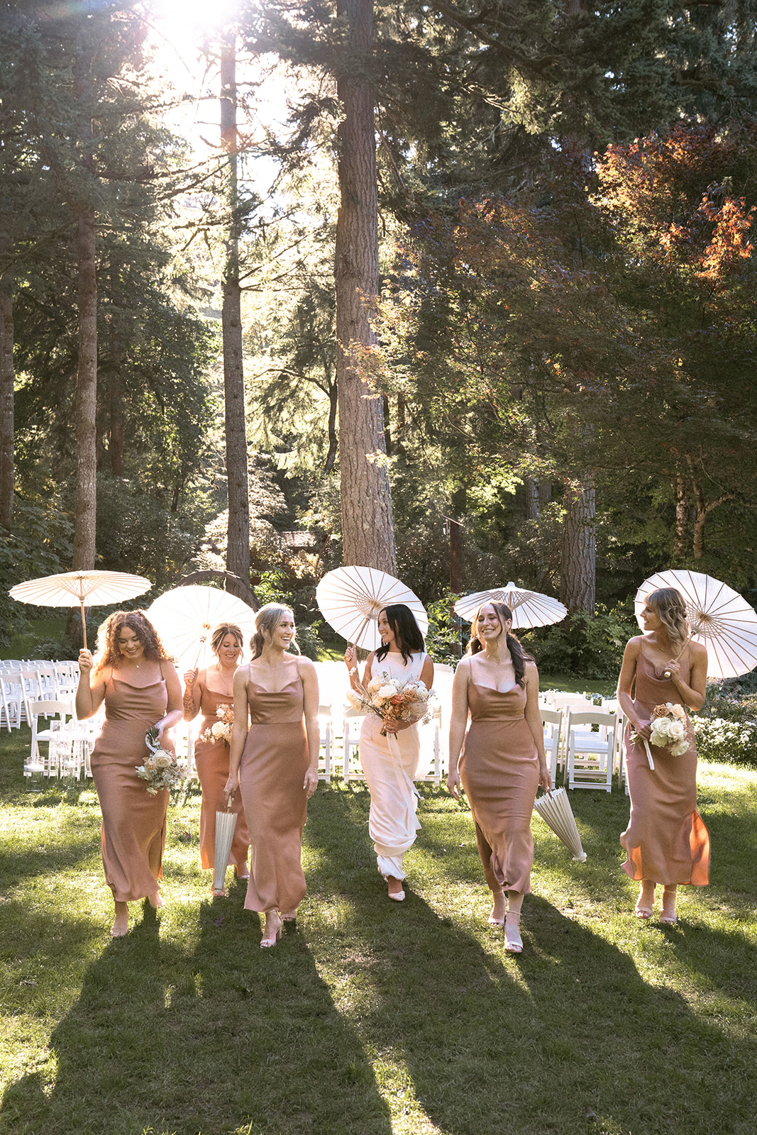 Blush bridesmaids dresses and sunny parasols fall wedding at Bridal Veil Lakes