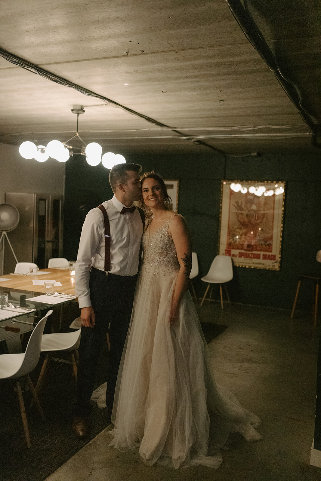 bride and groom in private room at pizzeria gusto