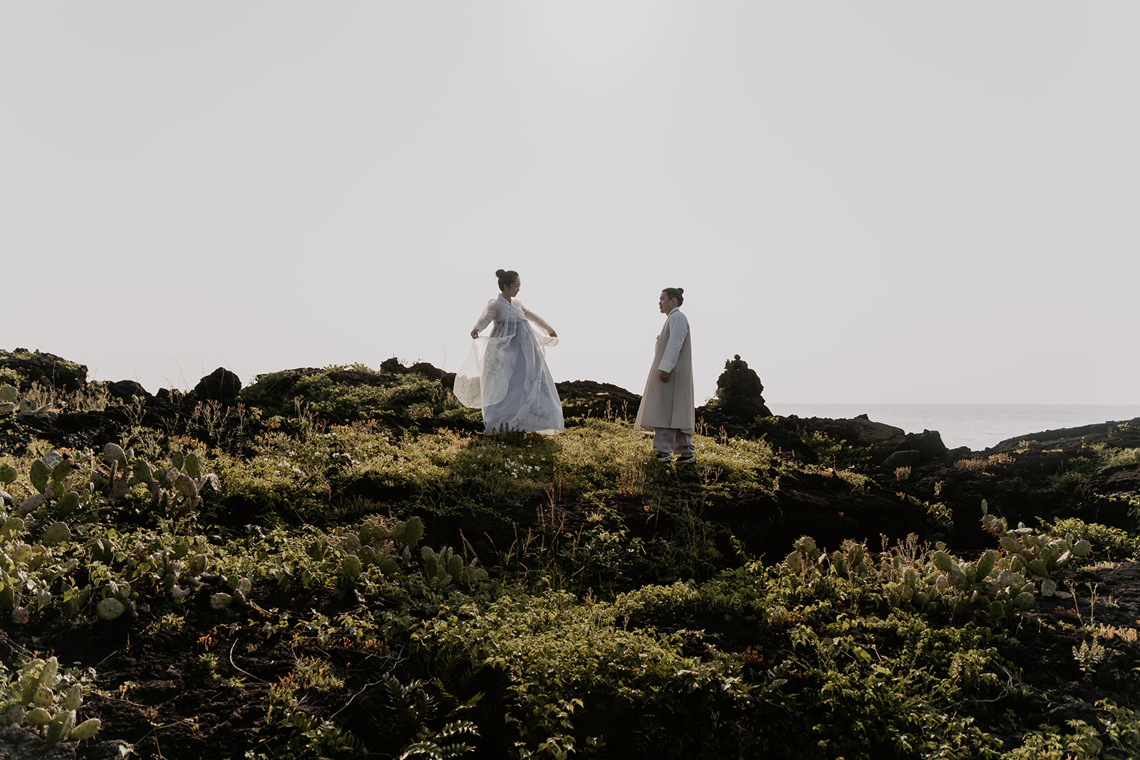 A bride and groom standing on top of a cliff overlooking the ocean in Korea.