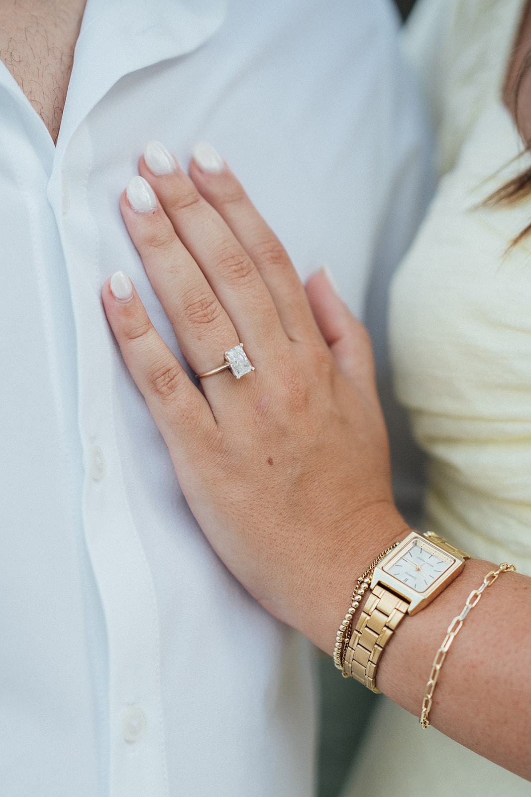 A close-up of a couples engagement ring at a engagement photography session at McKinney Falls