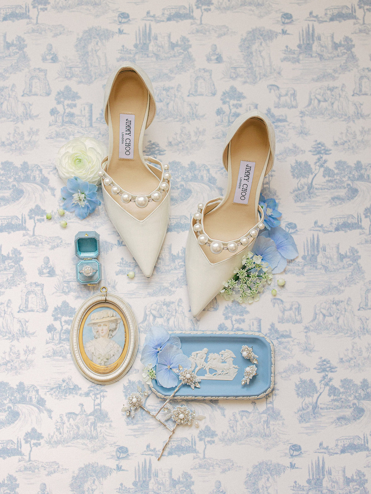 Blue and white bridal details for a destination Ireland wedding elopement.