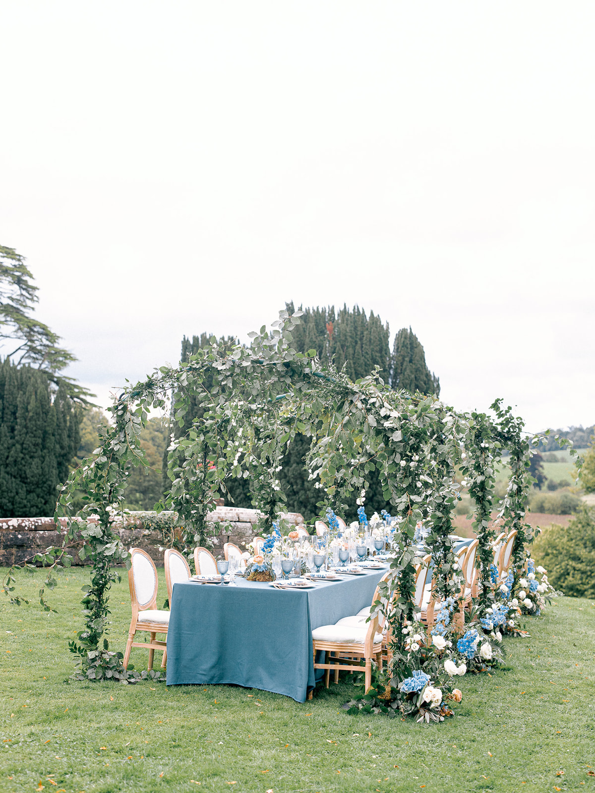 Blue and white wedding reception table decor in Ireland.